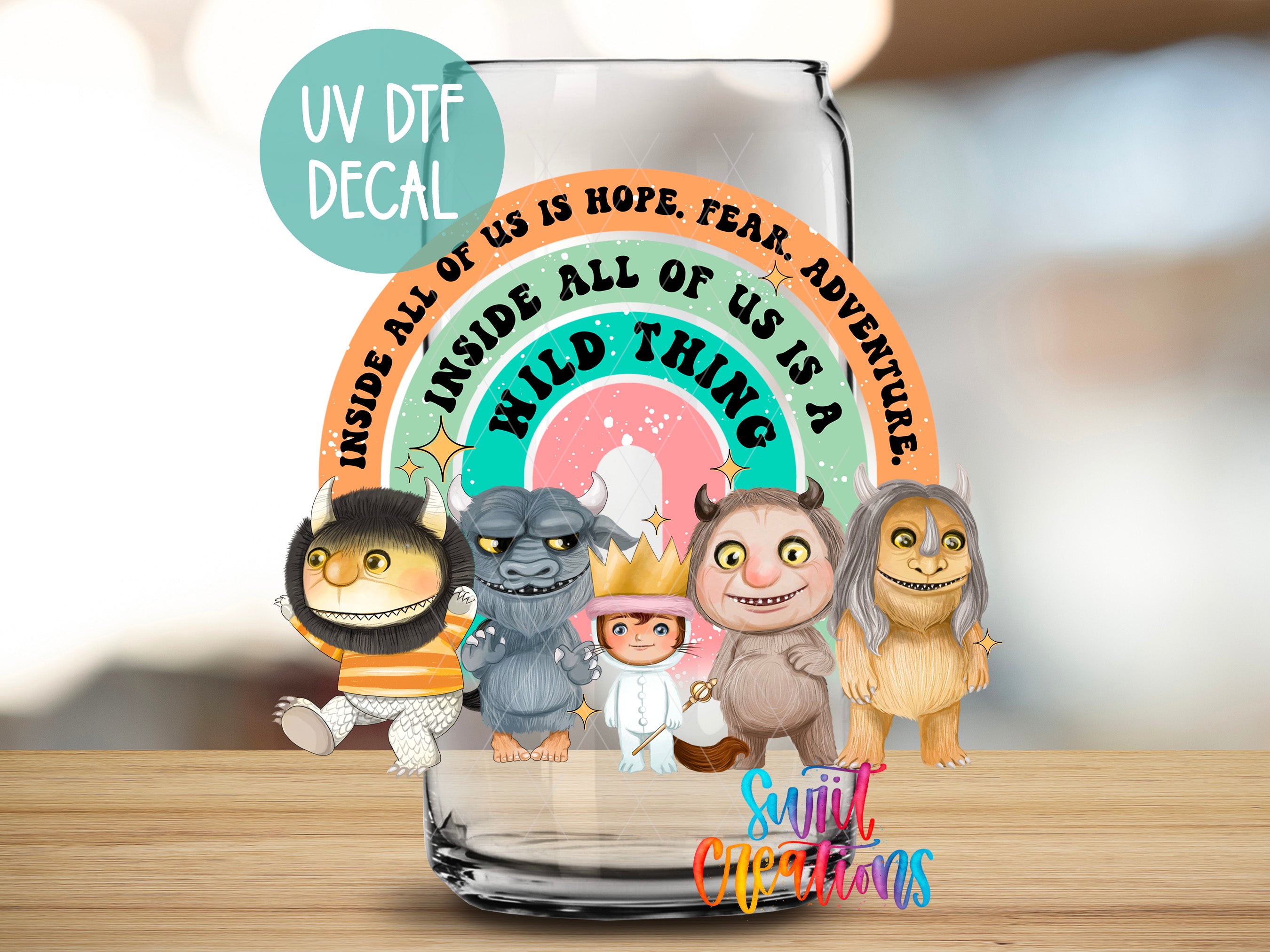a glass with some cartoon characters inside of it