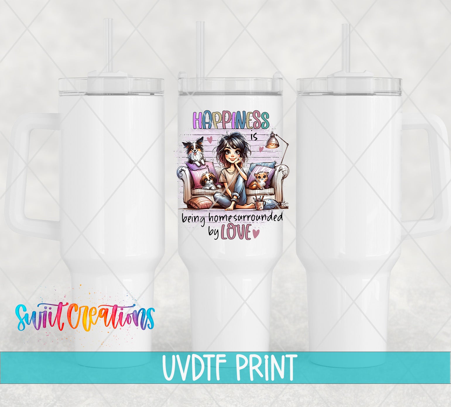 a white tumbler with a picture of a woman and a cat on it