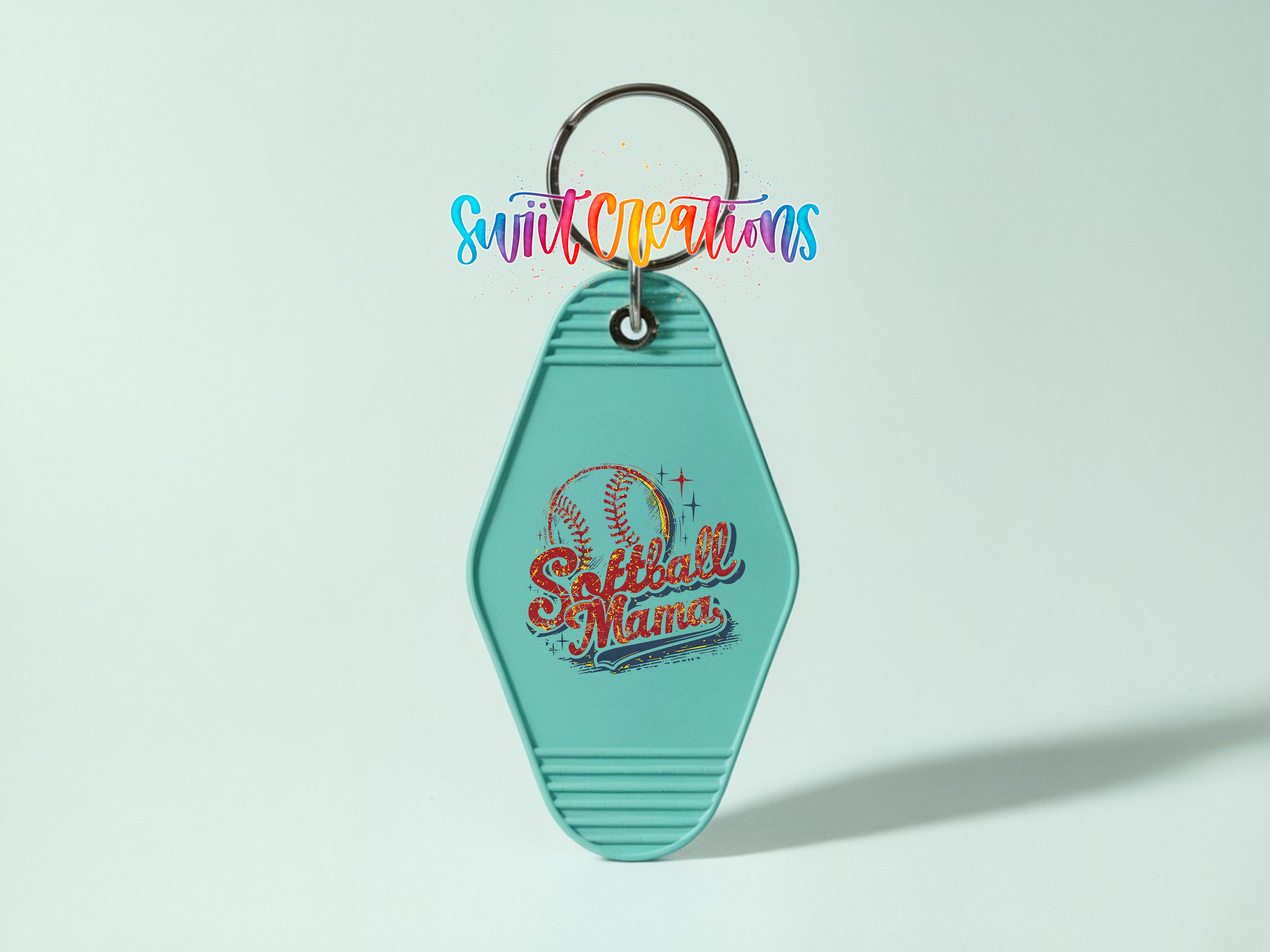 A turquoise keychain with a baseball design and the text "Softball Mama" printed on it.