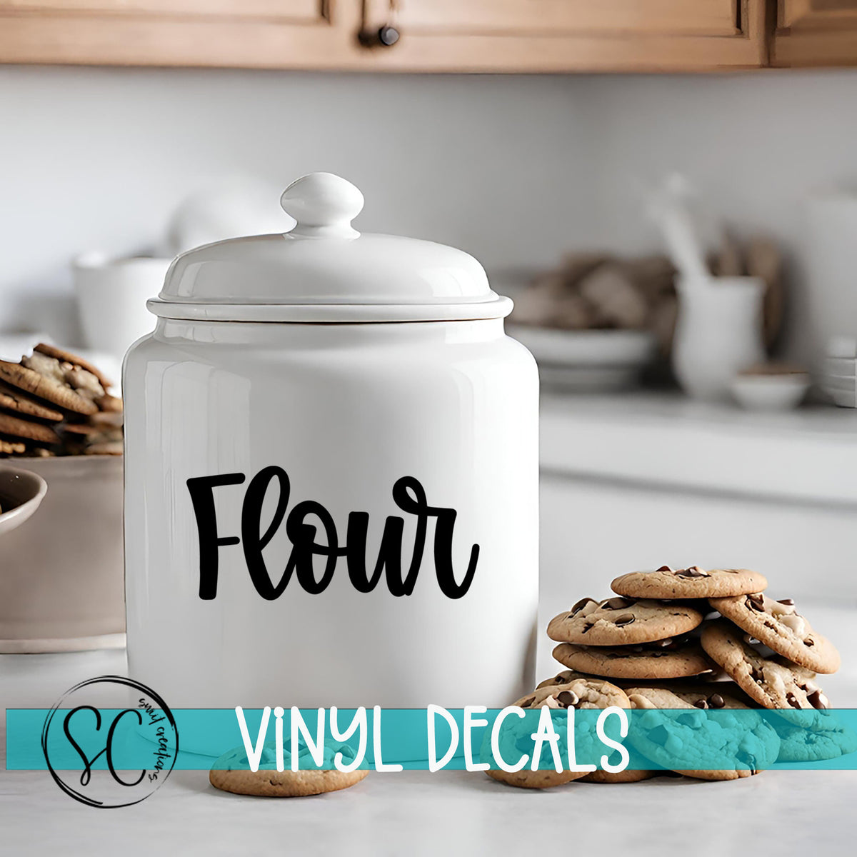 a cookie jar sitting on a kitchen counter next to a pile of cookies