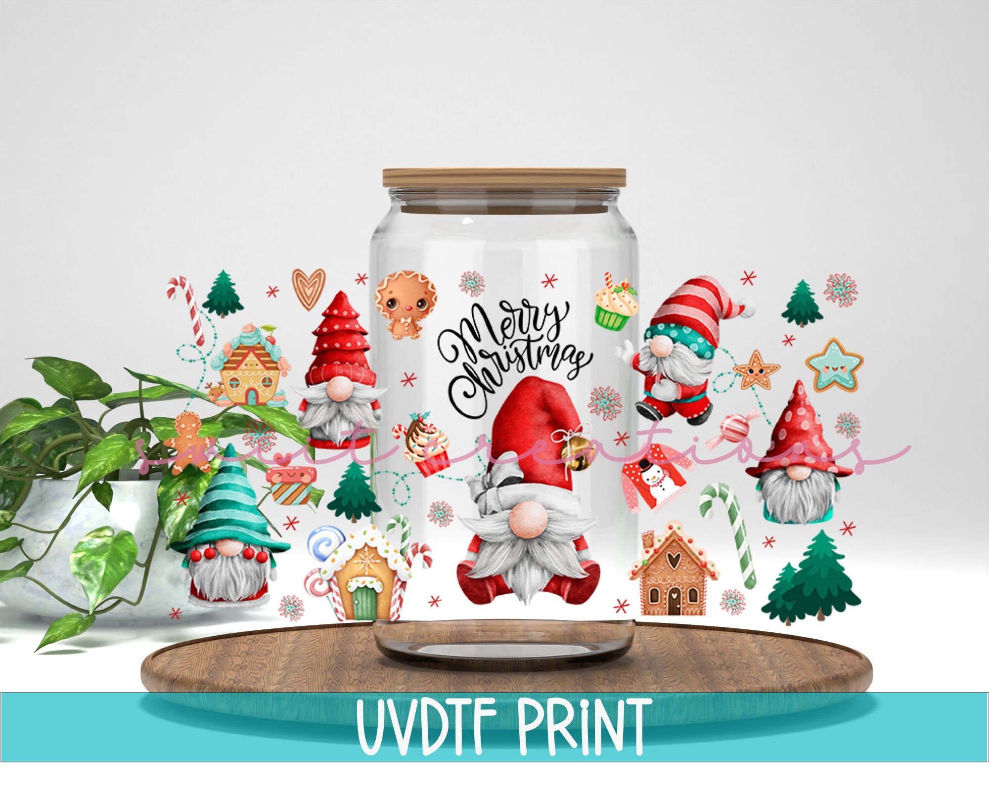 a glass jar filled with christmas gnomes next to a potted plant