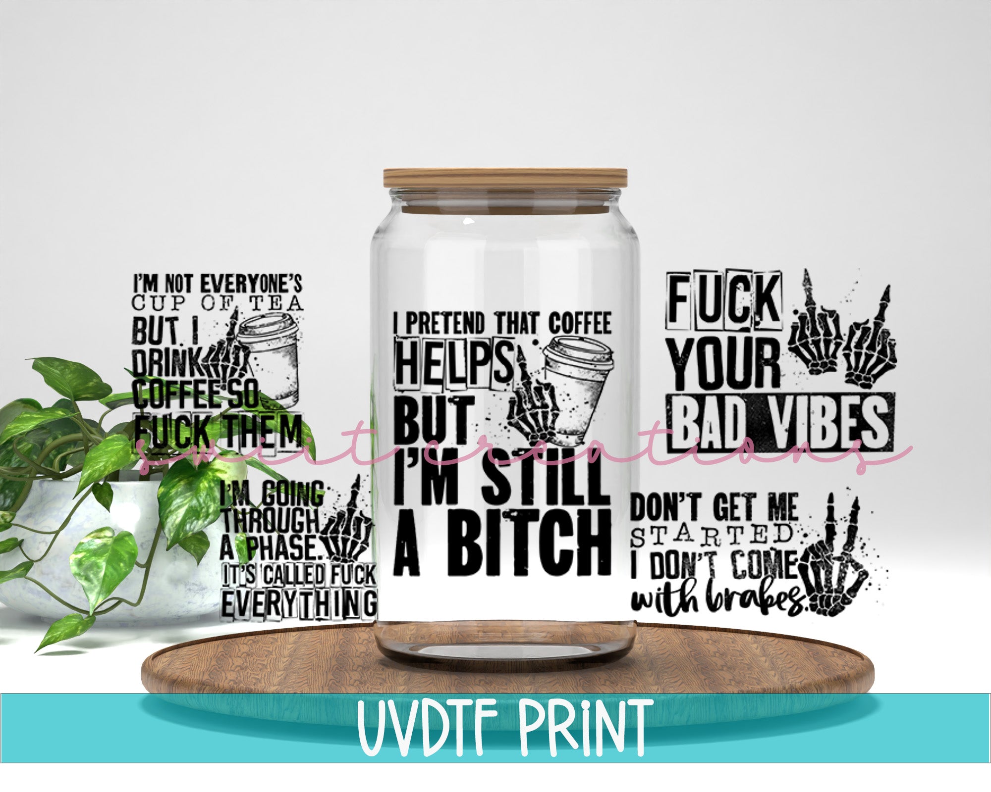 a glass jar with some words on it