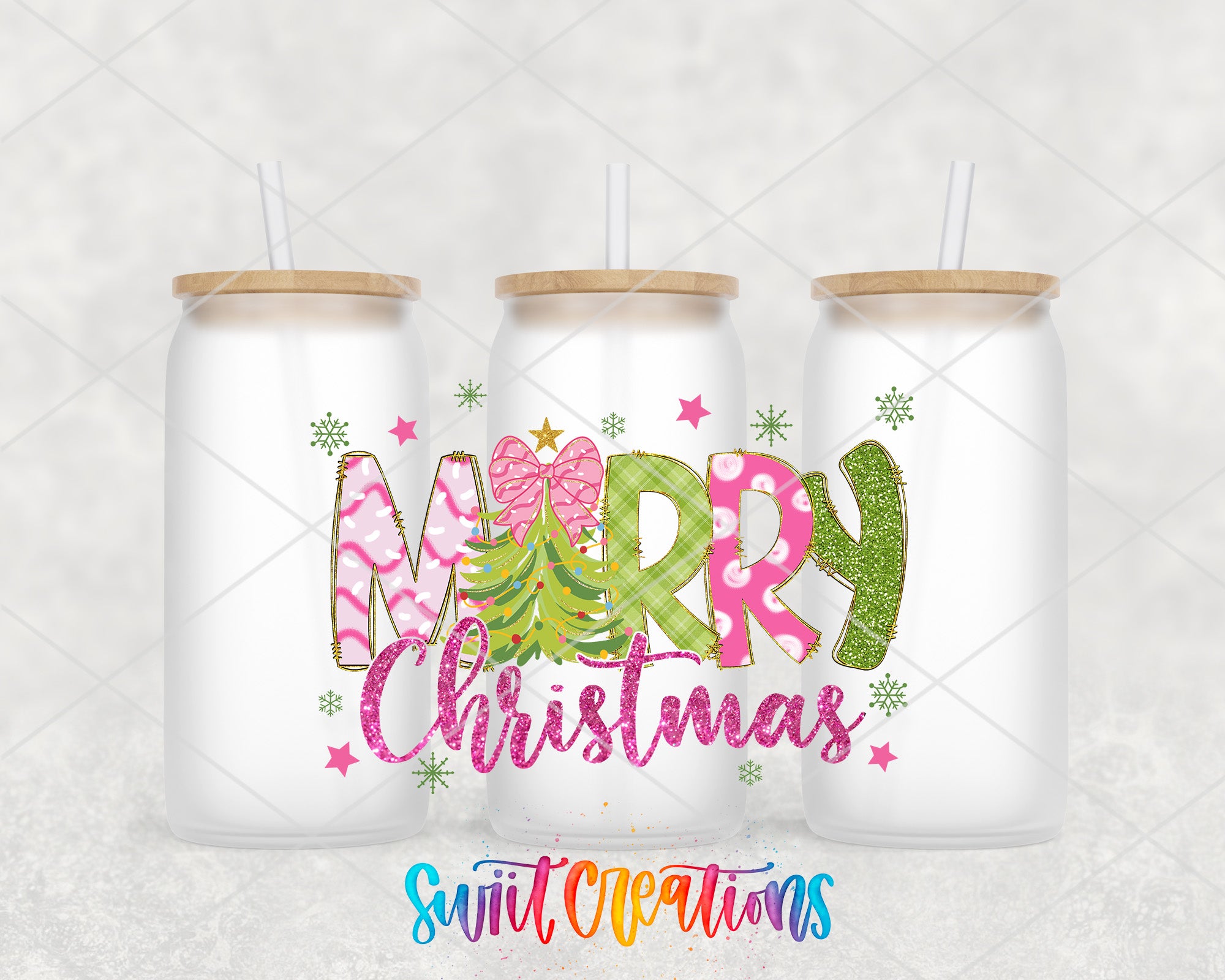 A festive image featuring three white tumblers with the text "Merry Christmas" printed on them, along with decorative elements such as snowflakes and stars.