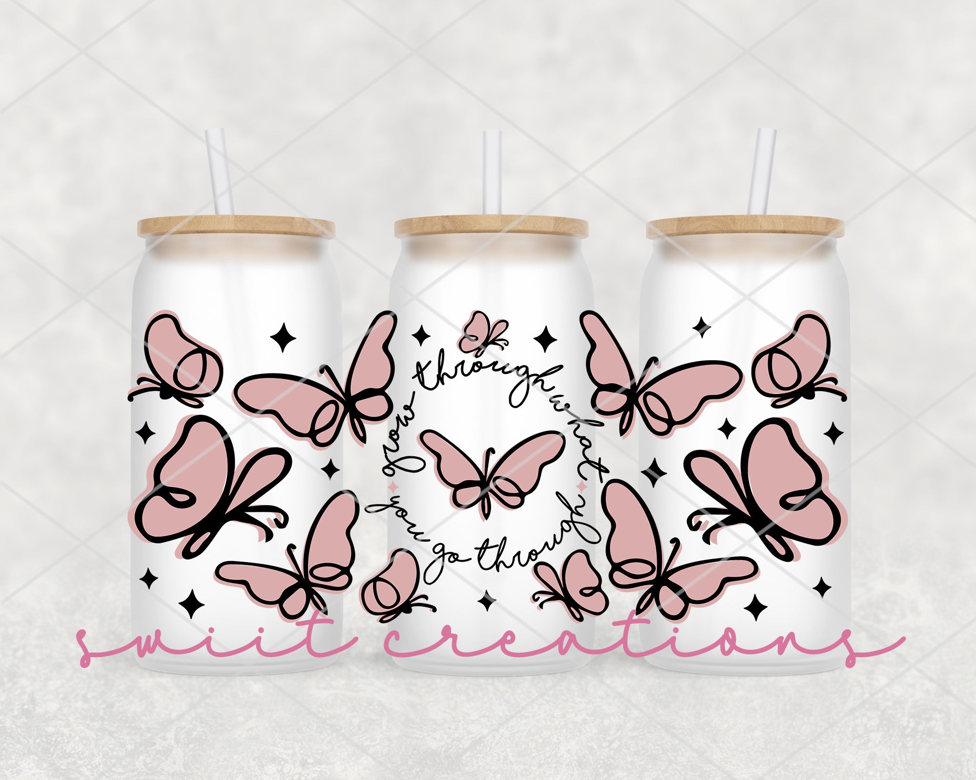 three pink butterflies on a white background