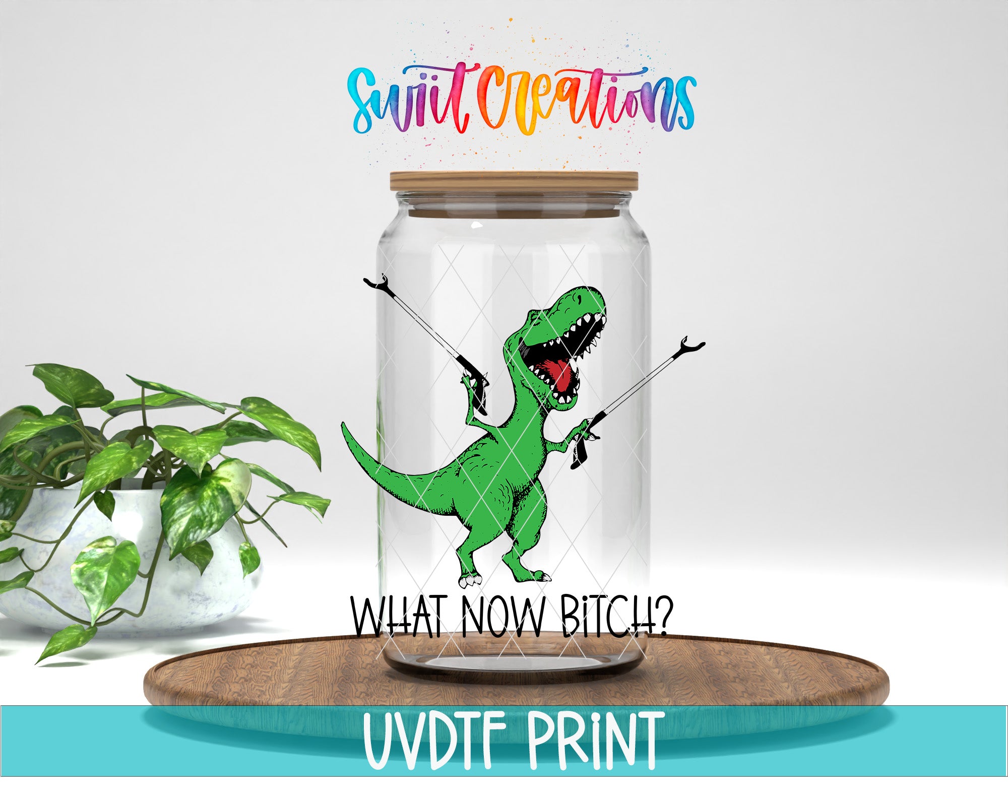 A glass jar with a green dinosaur inside, holding a gun and appearing to yell. The text above the jar reads "Swift Creations" and below it "WHAT NOW BITCH?". The image is described as a collage of multiple images and is not a single image.