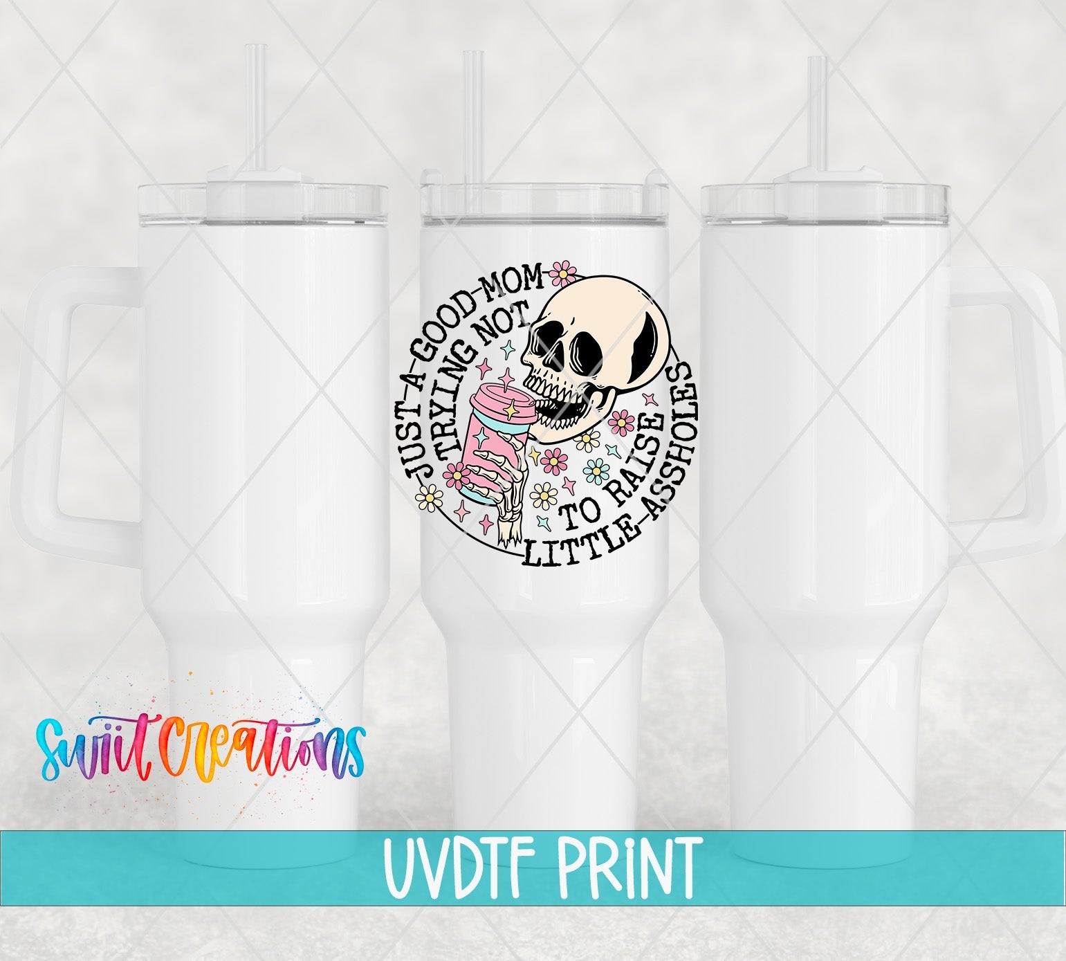 a white tumbler with a skull and a cake on it