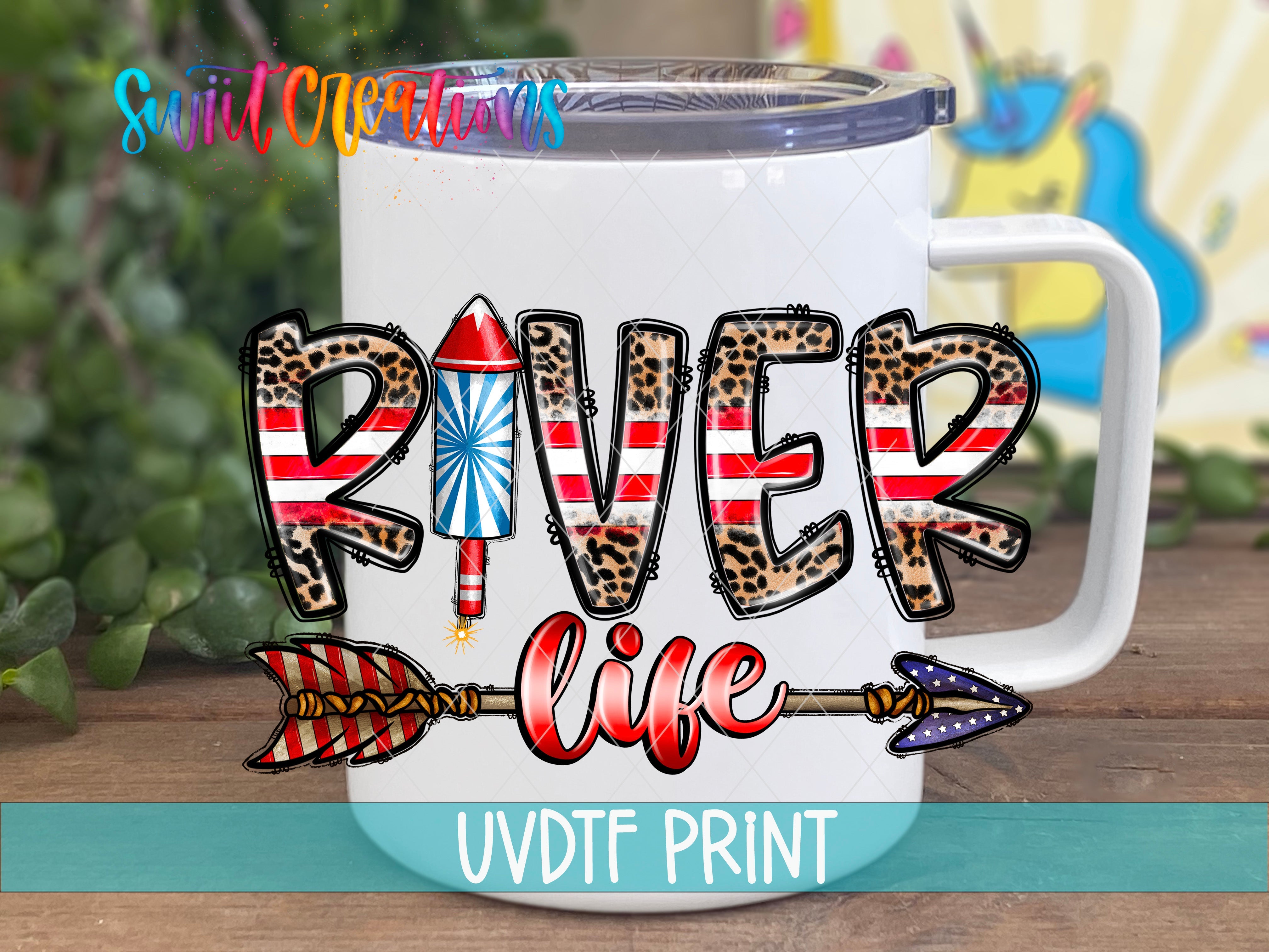 a white coffee mug with the words river life painted on it