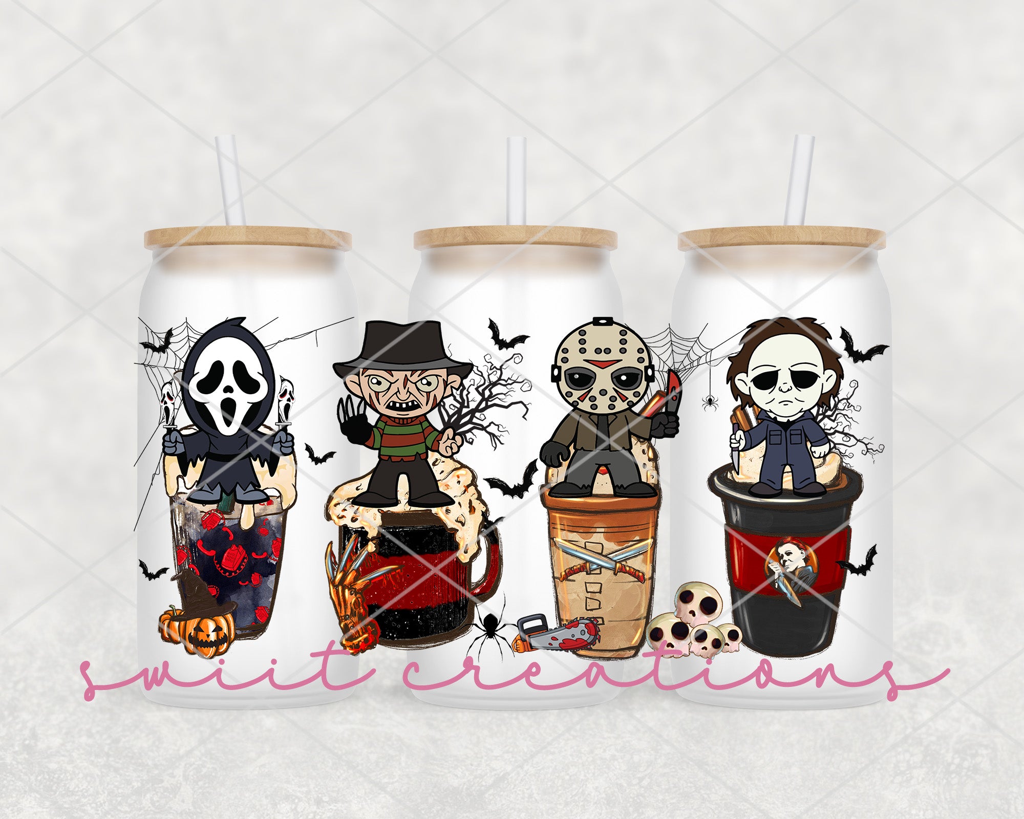 a set of three tumblers with cartoon characters on them