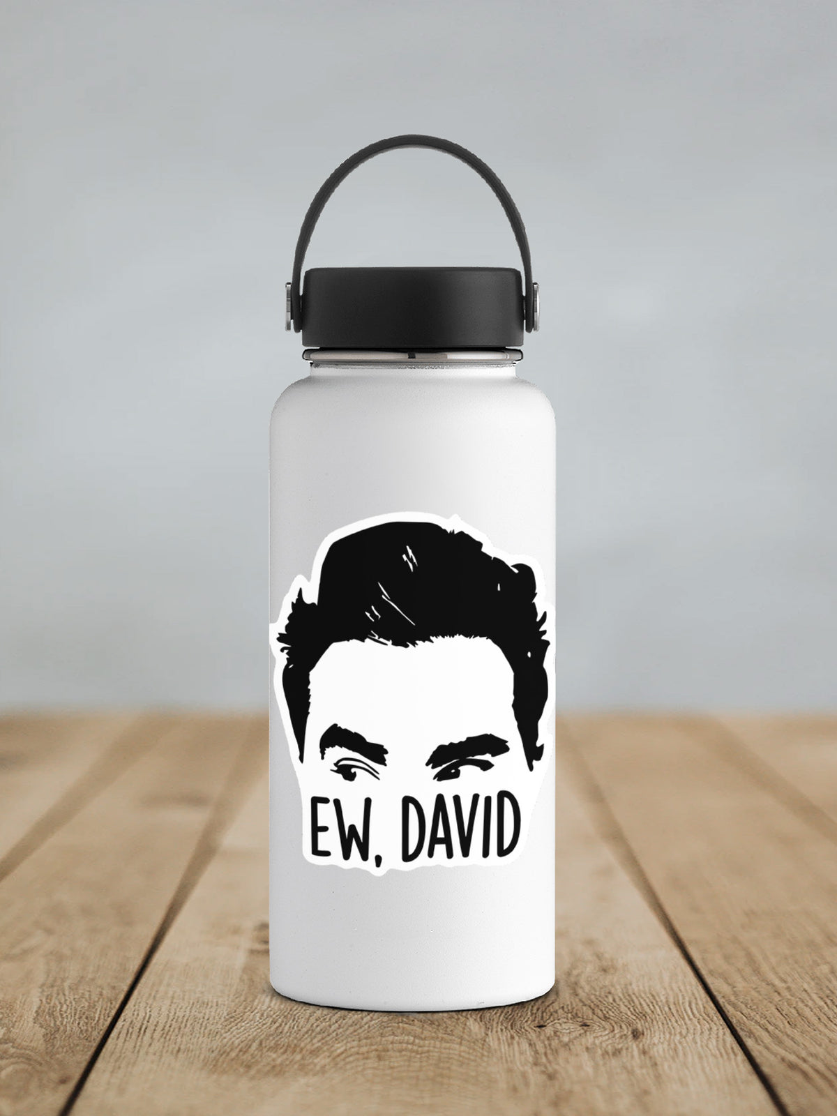 Ew David sticker on a white insulated water bottle