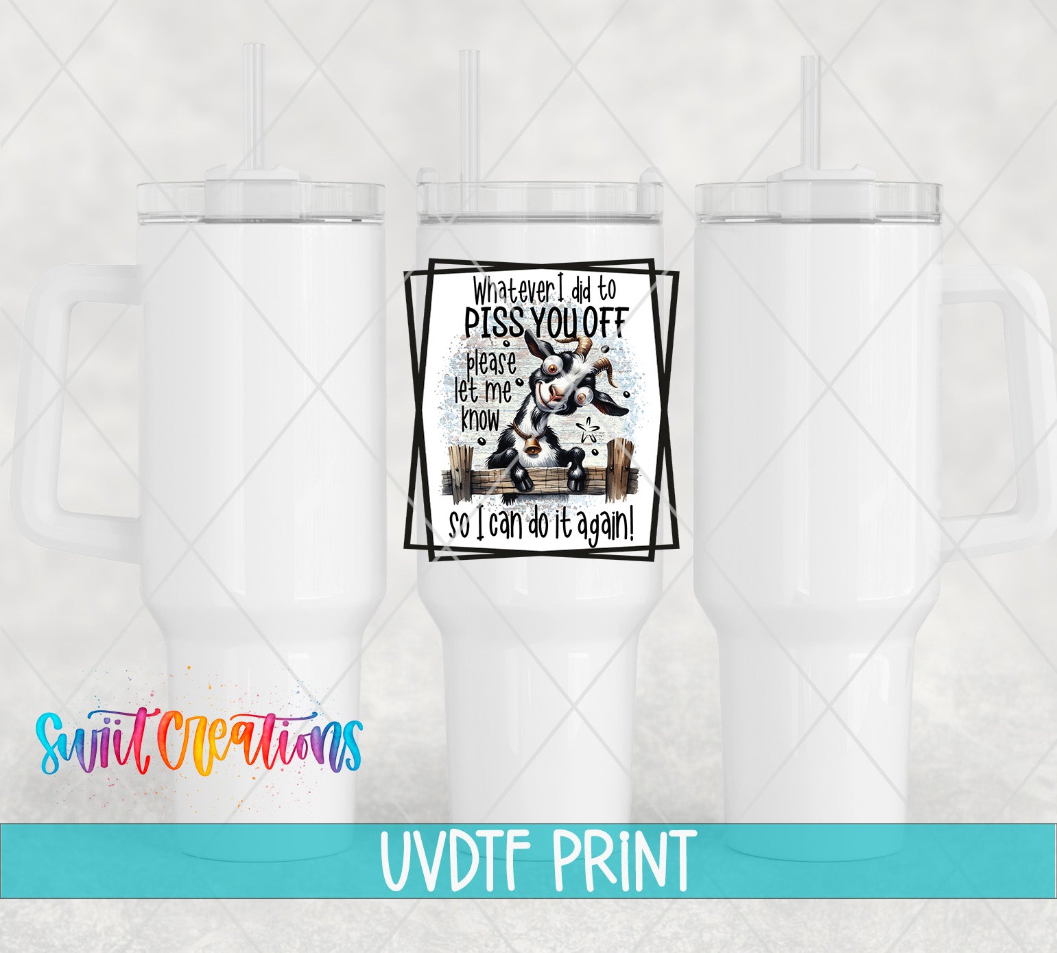 The image is a collage of three white tumblers with a printed message on one of them.