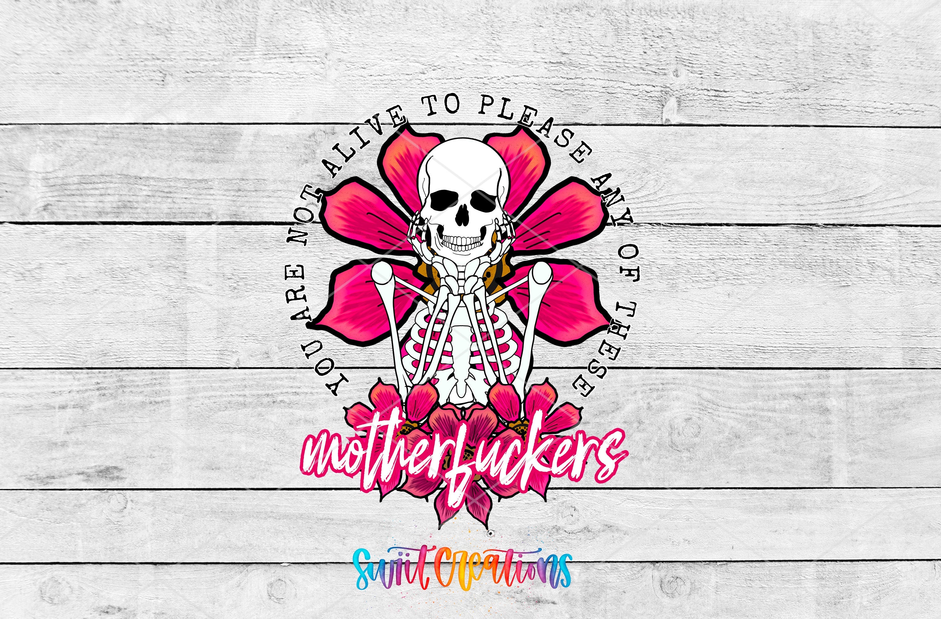 a white wooden wall with a pink flower and a skull on it
