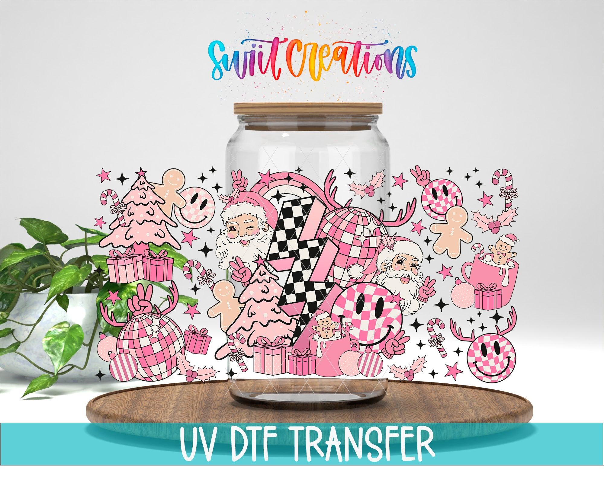 a glass jar with a colorful, whimsical design on it, including various cartoon-like characters and patterns. The jar is placed on a wooden surface, and there is a plant visible in the background. The image also includes text that reads "Swift Creations UV Dtf Transfer".