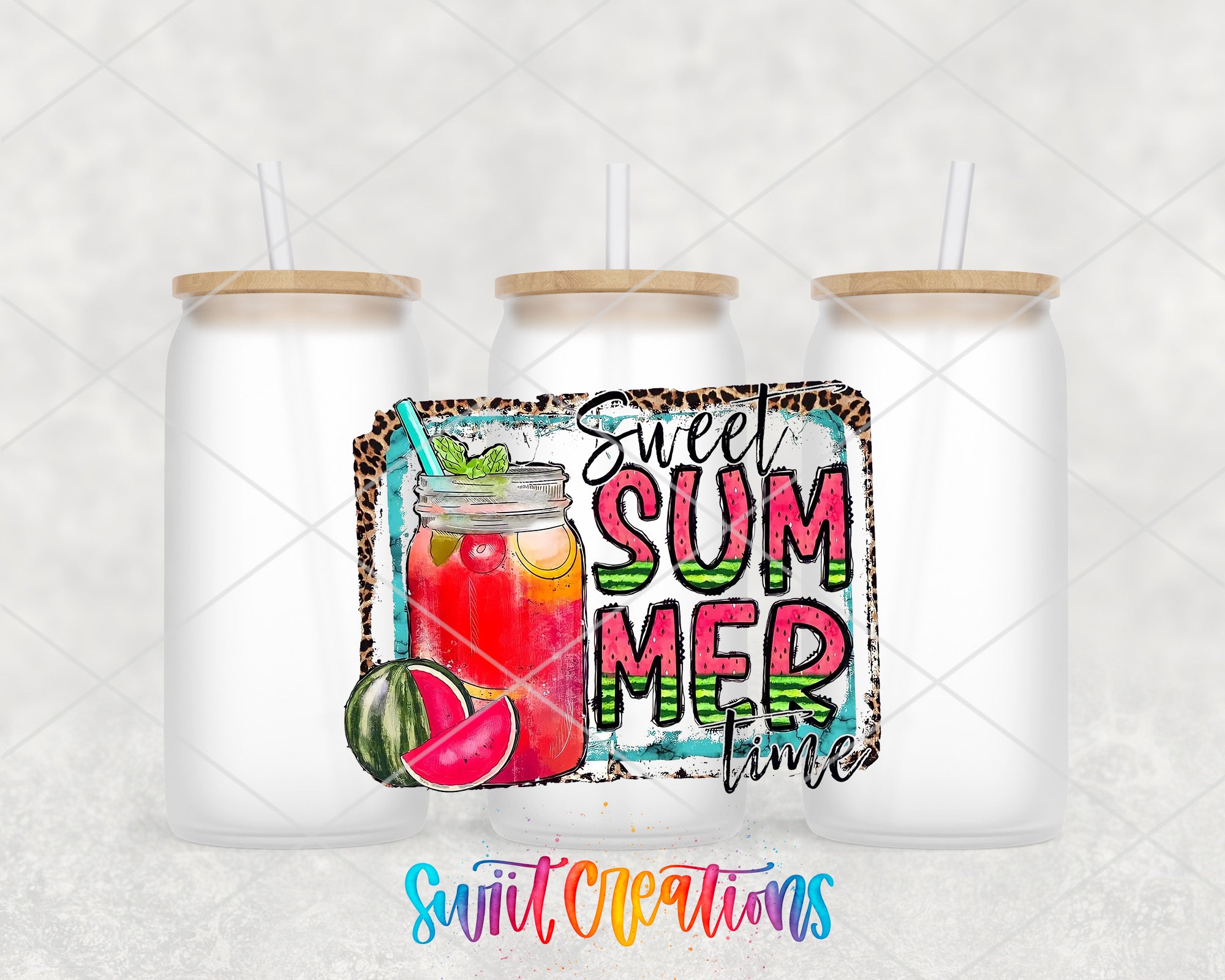 two mason jars with straws and watermelon on them