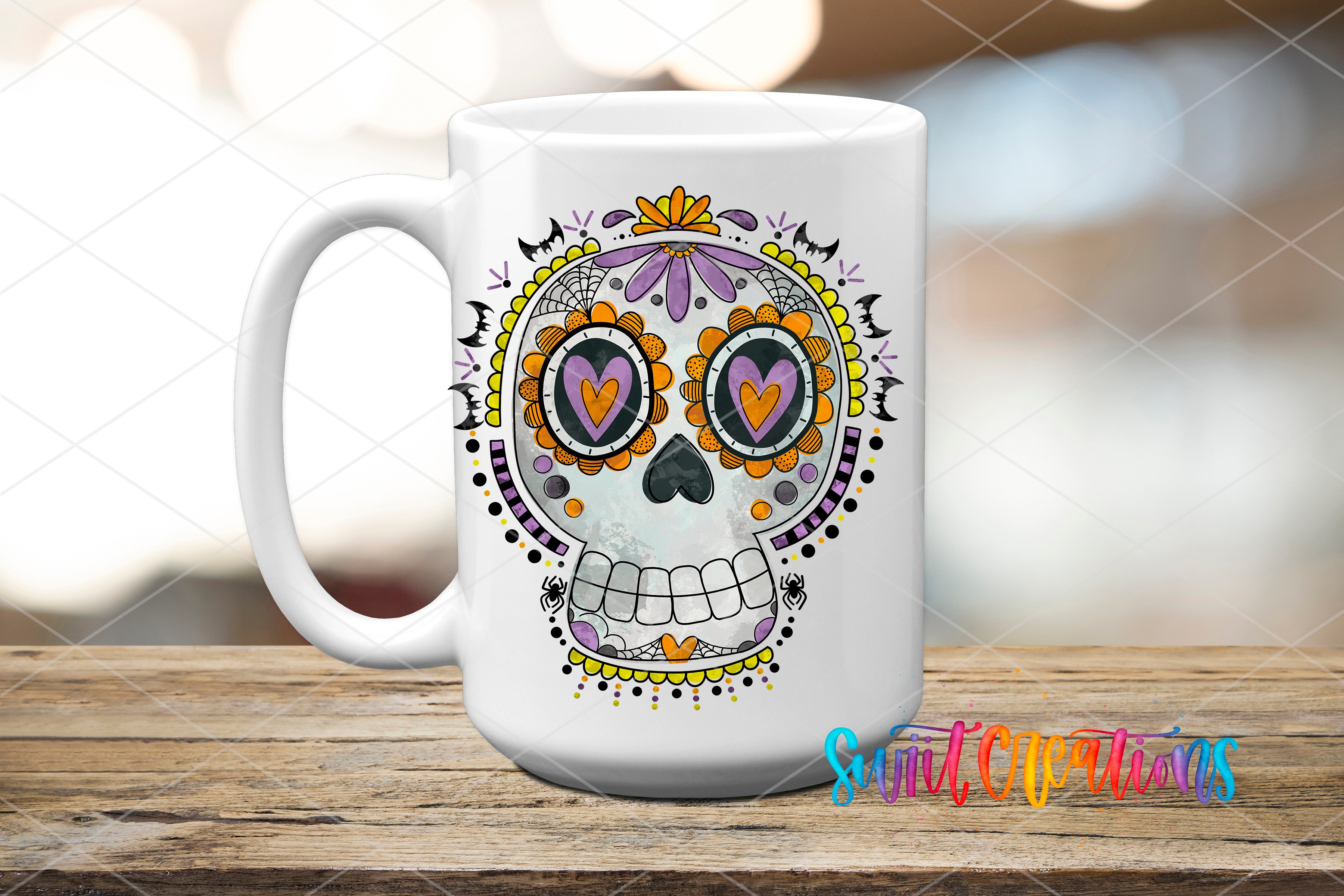 A white ceramic mug with a colorful, intricate design of a skull and floral patterns.