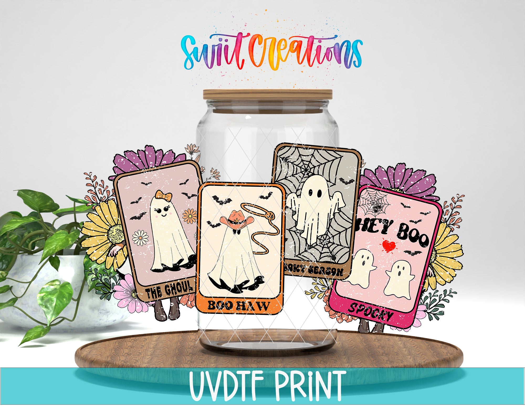 The image is a collage featuring illustrations of four different ghost characters, each with a unique design and caption. The collage is set against a white background, with a wooden tray in the foreground.