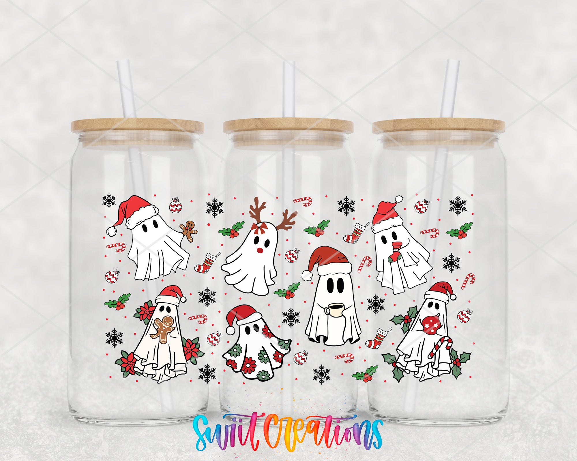 A collection of three glass jars with straws, each decorated with various ghost-like figures and festive Christmas-themed elements such as snowflakes, candy canes, and holly leaves.