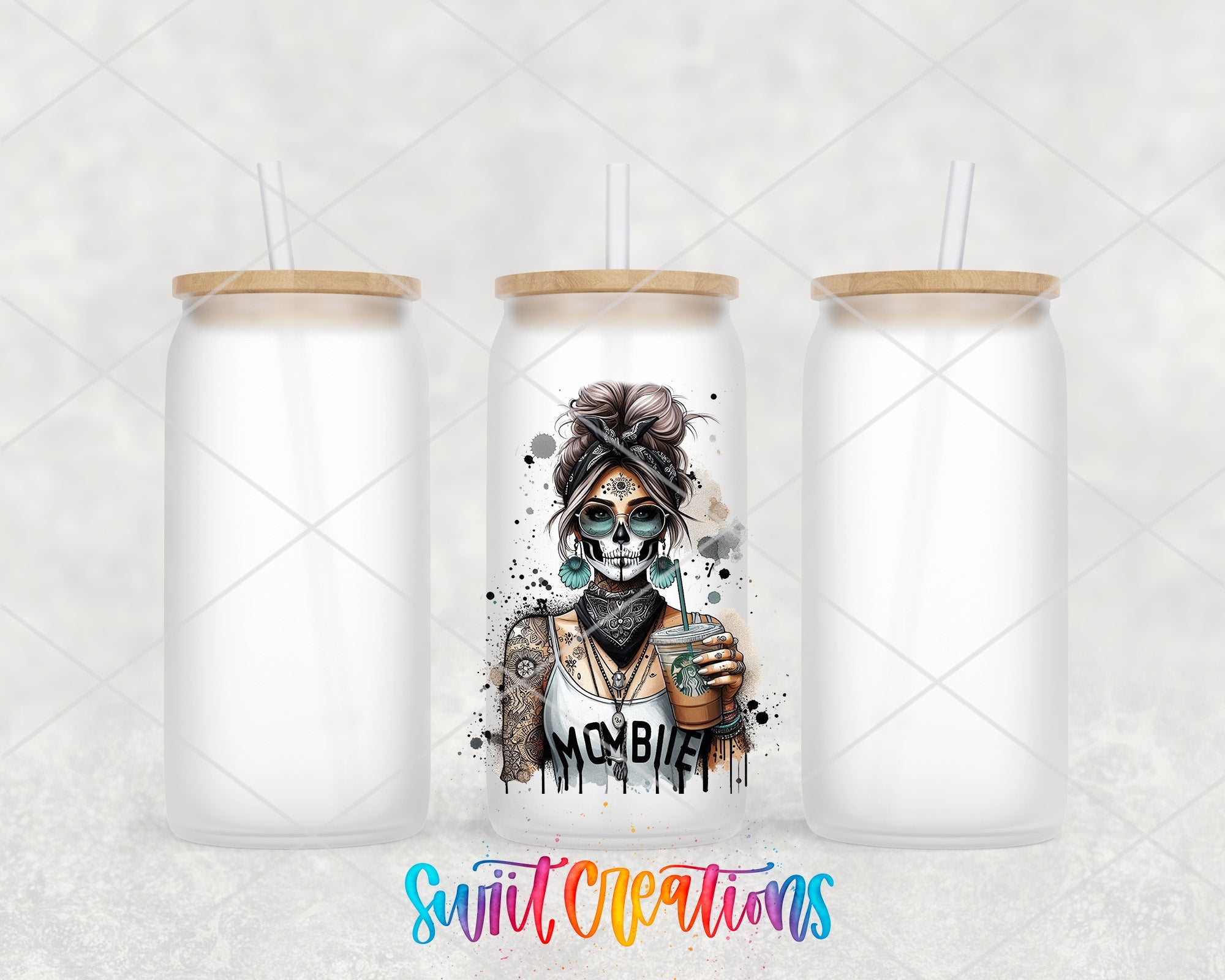 two white mason jars with a picture of a skeleton holding a cup of coffee