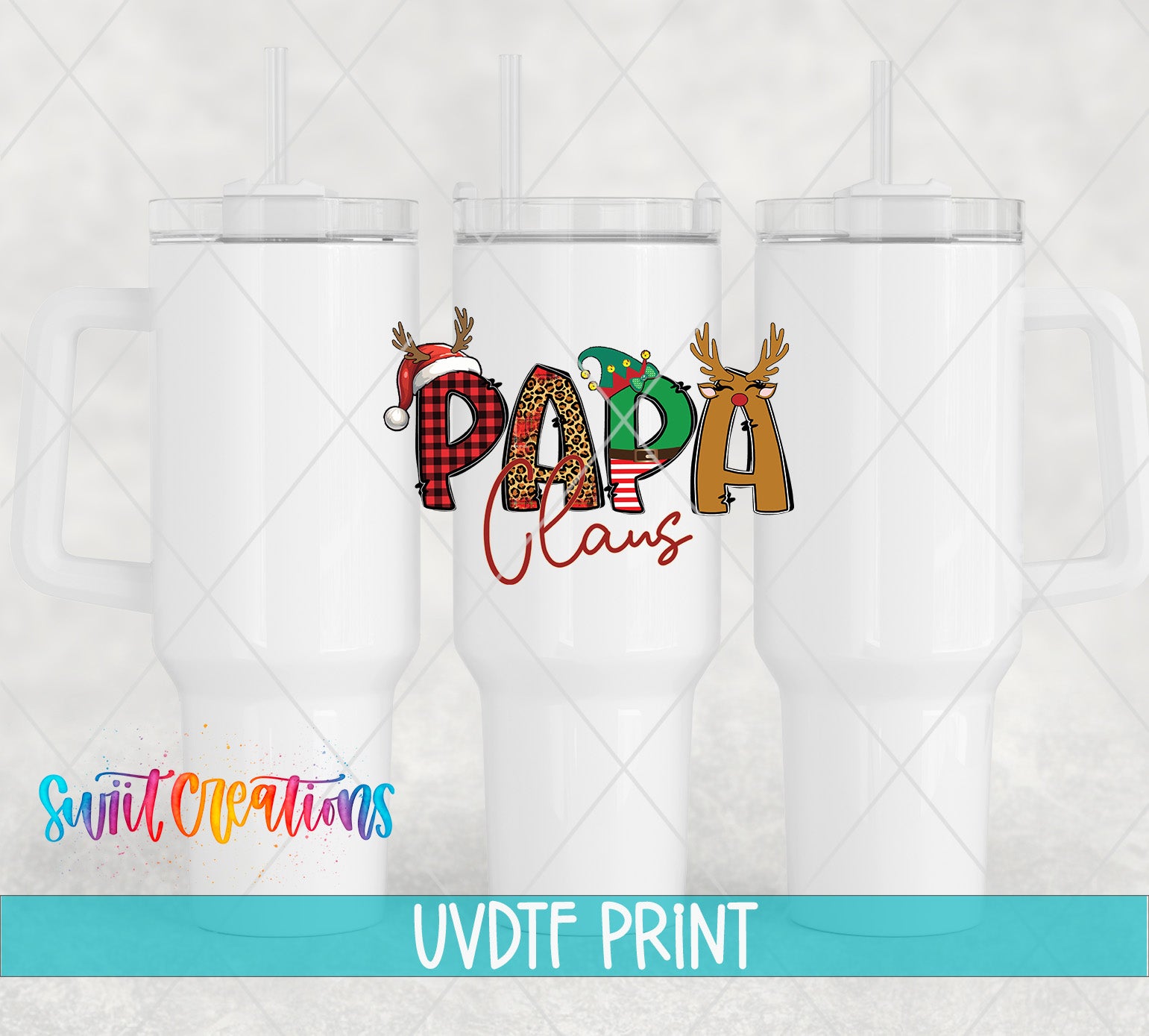 three white coffee mugs with the words papa and santa claus on them