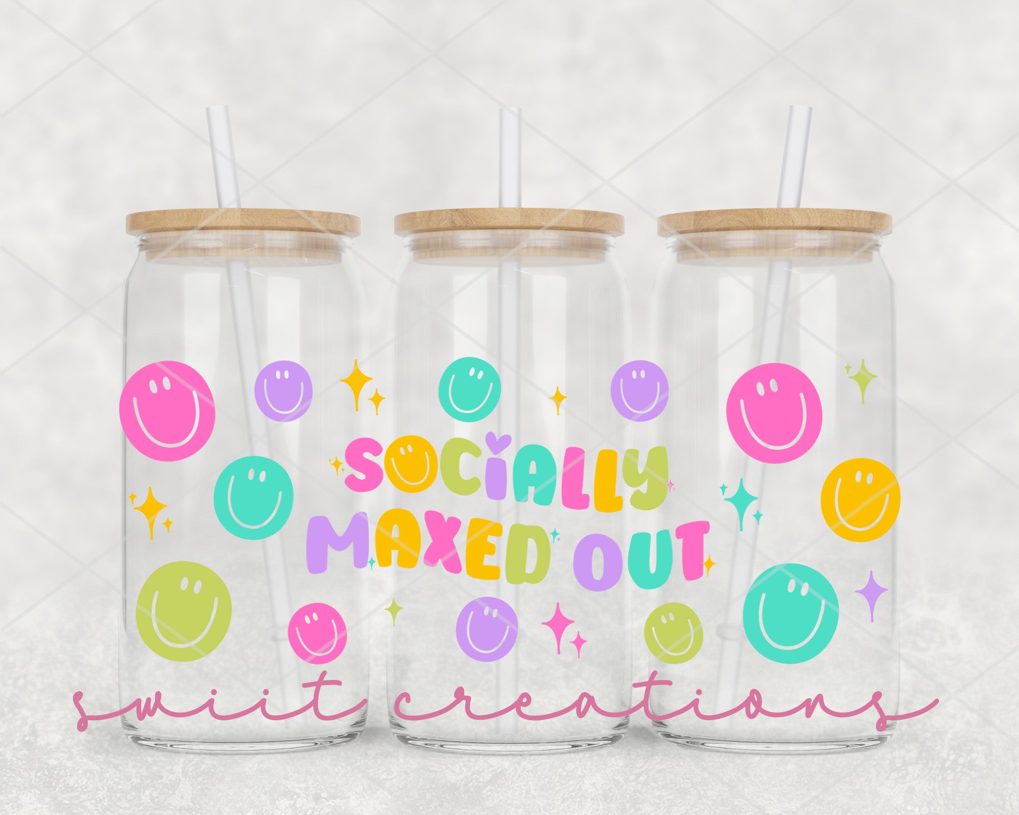 three tumblers with the words socialy mixed out written on them