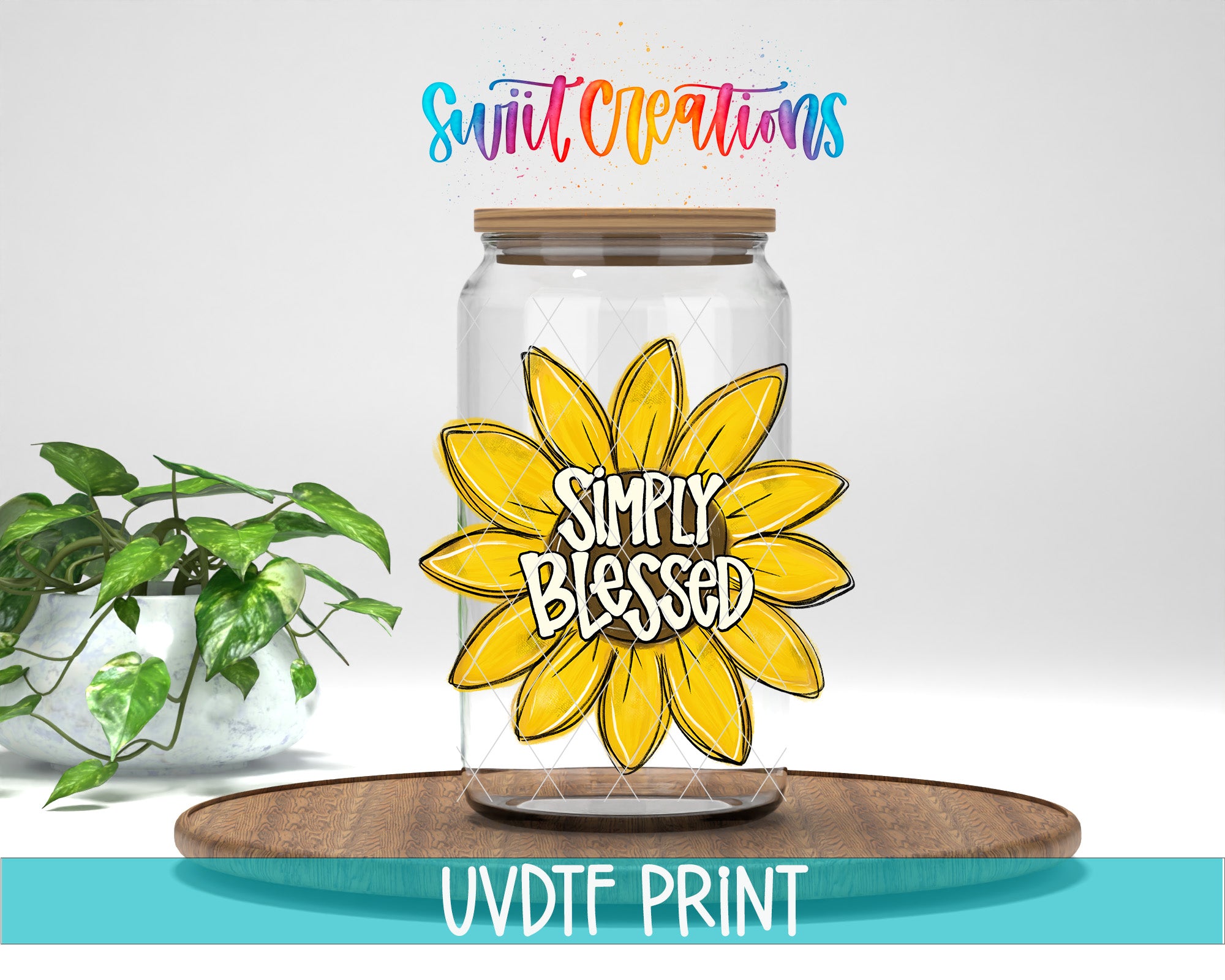 a clear glass jar with a yellow flower sticker on it, placed on a wooden surface. There is a potted plant in the background, and the text "Swift Creations" is written above the jar.