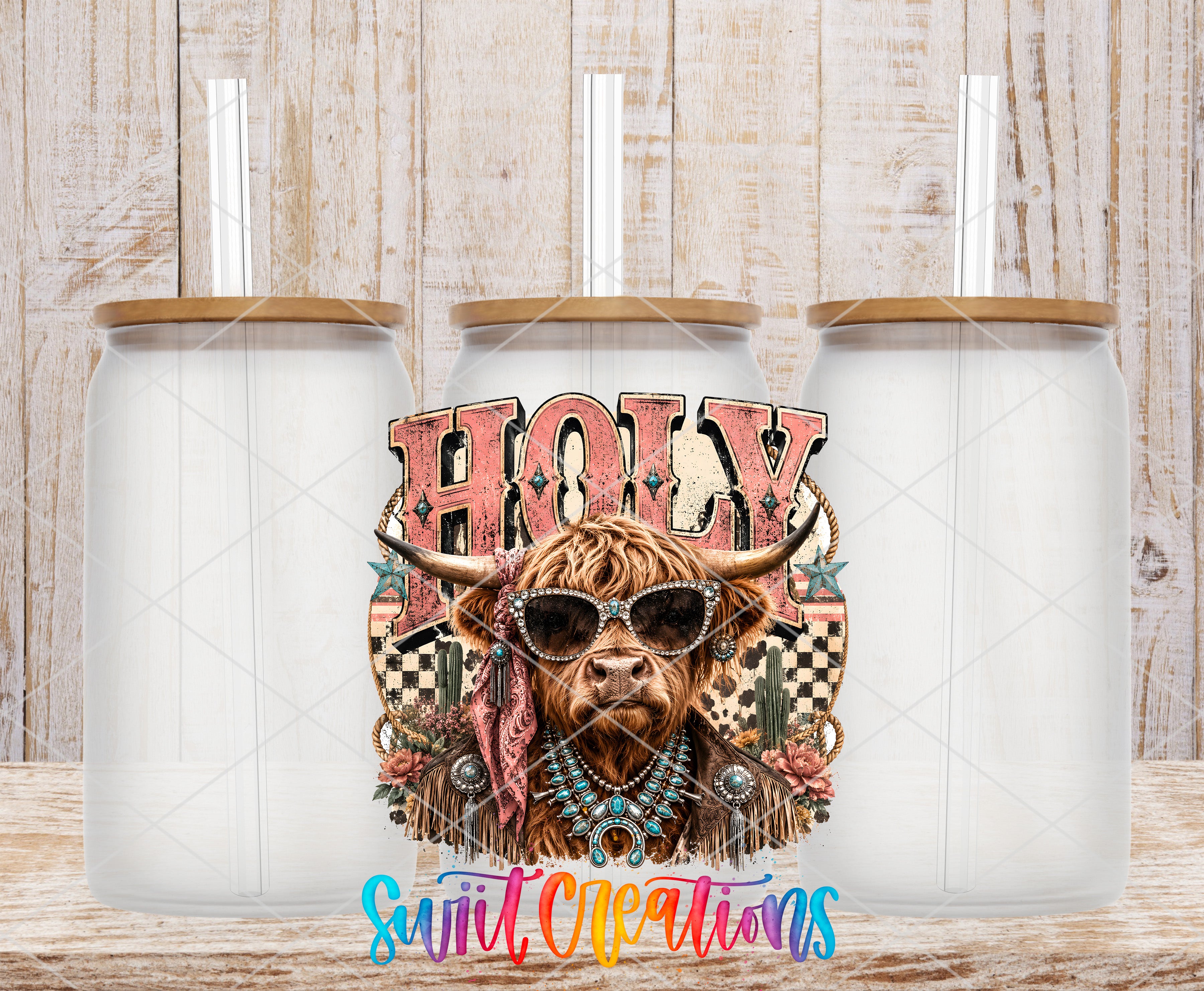A colorful illustration of a horned cow wearing sunglasses and jewelry, with the word "HOLY" prominently displayed in the center. The cow is surrounded by various decorative elements, creating a whimsical and eye-catching design.