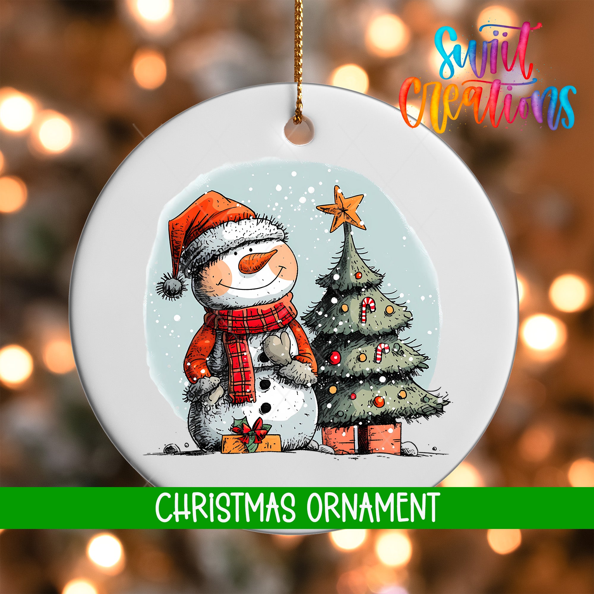 A white Christmas ornament featuring a snowman and a Christmas tree, with the text "Christmas Ornament" below the image.