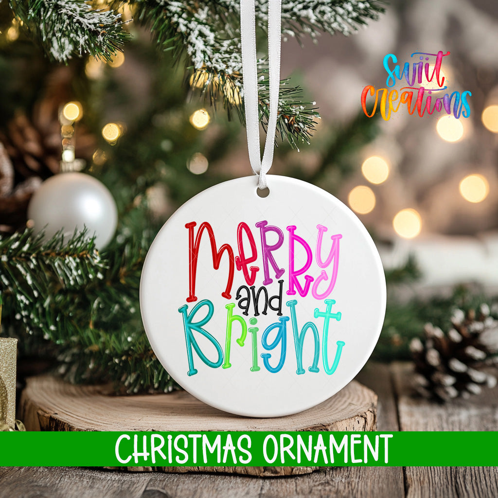 A white Christmas ornament with the text "Merry and Bright" in colorful letters hangs from a tree branch.