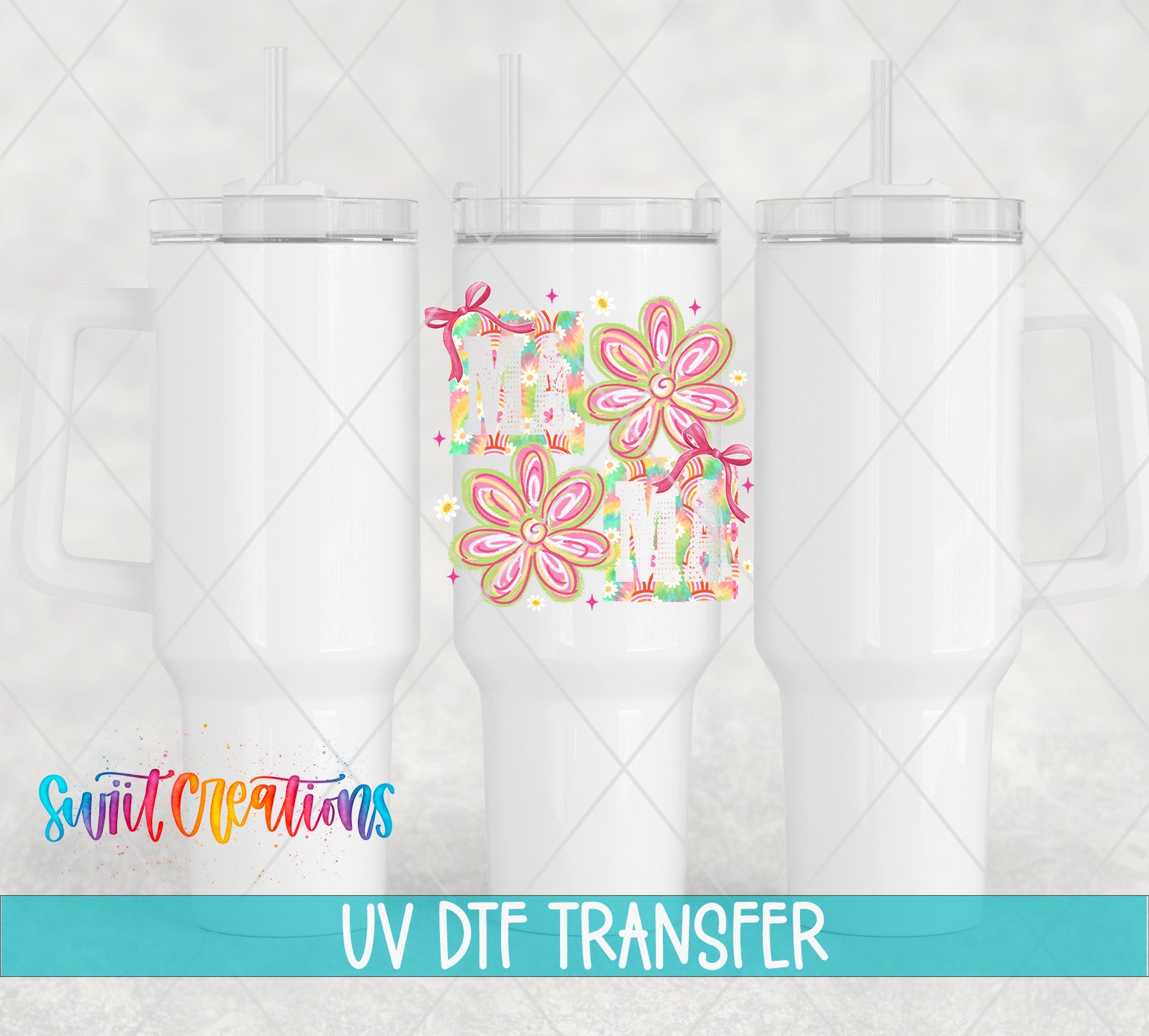 three white tumblers with flower designs and straws, along with text indicating a UV DFT (ultraviolet dye transfer) transfer process.