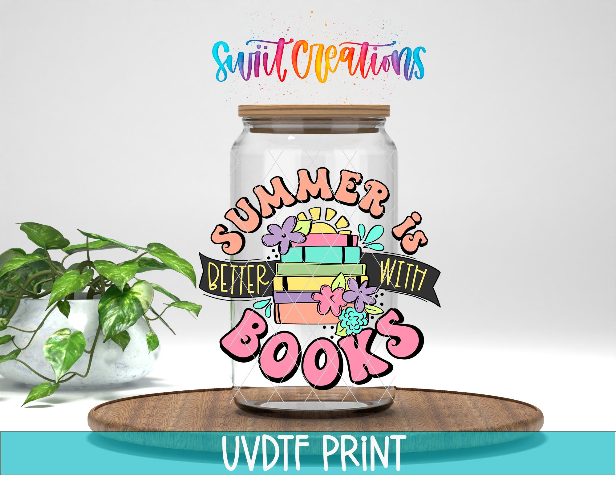 a glass jar with a colorful design and text, placed on a wooden surface.