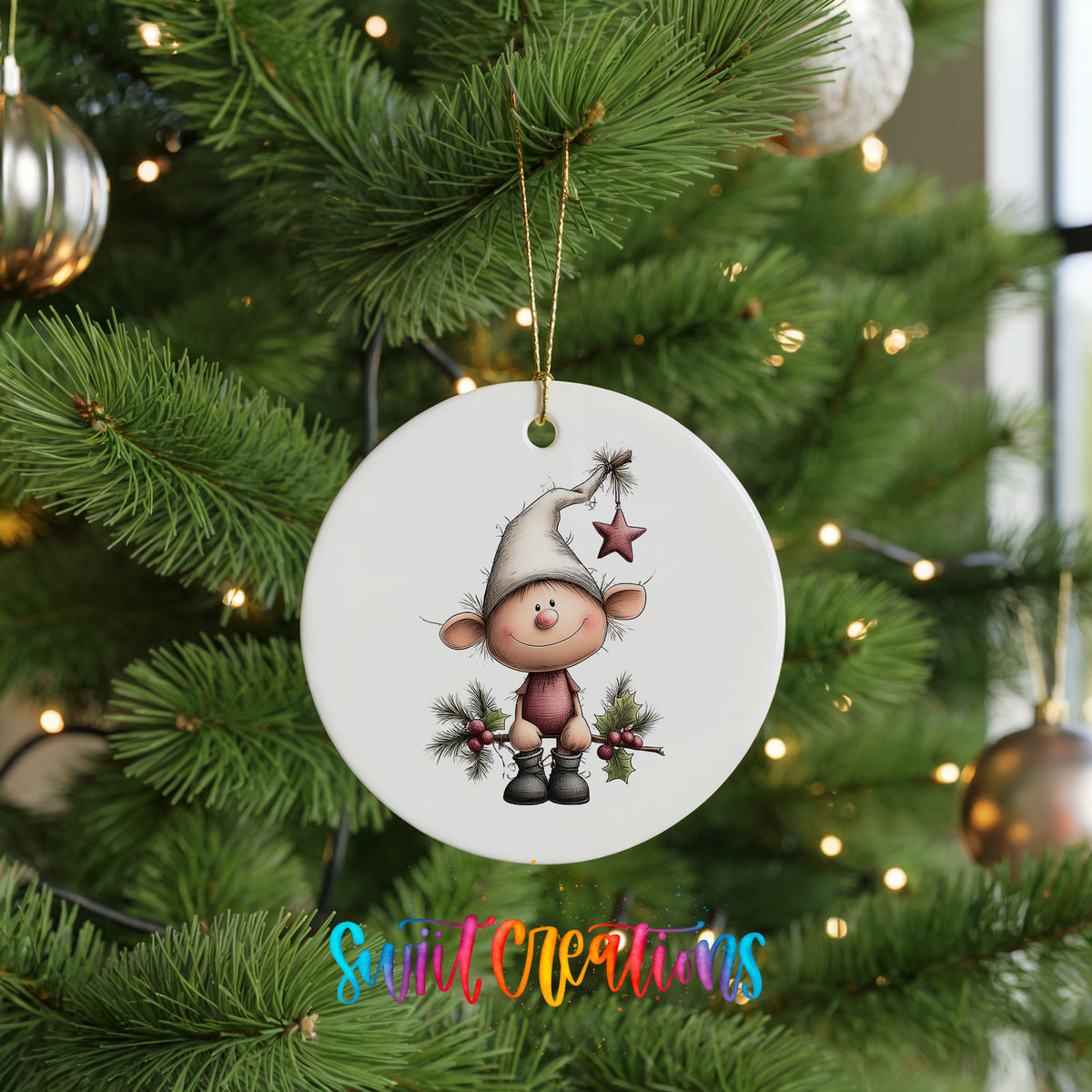 A white ceramic ornament featuring a cartoon elf wearing a hat and holding a star, hanging on a Christmas tree.