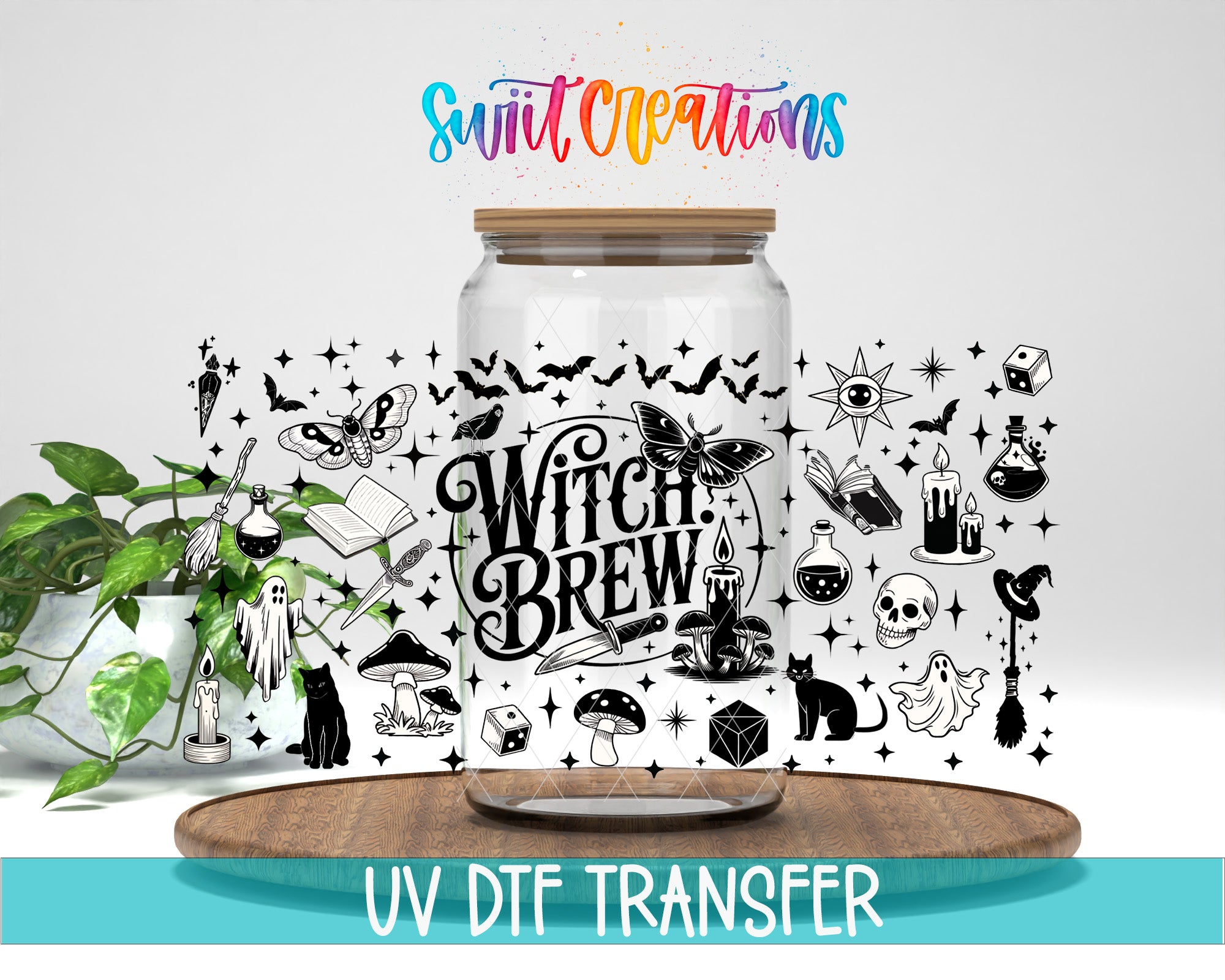 a large glass jar with a label that says "Witch Brew" surrounded by various Halloween-themed illustrations, such as bats, mushrooms, skulls, and a witch. The jar is placed on a wooden tray, and there is a plant in the background. The image also includes text that says "Swit Creations" and "UV Dtf Transfer".