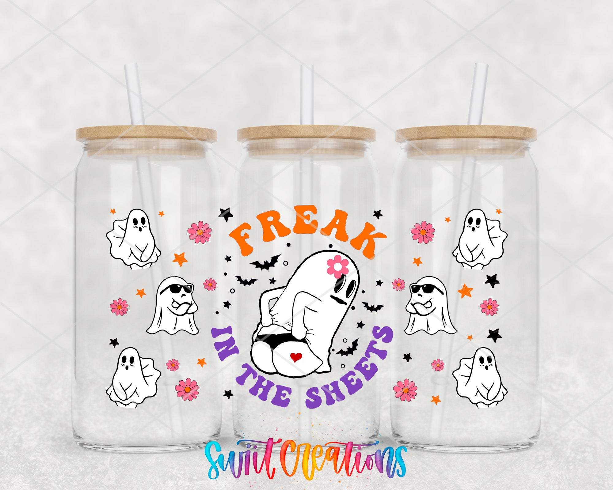 three clear glass tumblers with a Halloween-themed design. The design includes a central image of a ghost with the text "Freak in the Sheets" written around it, along with various ghost-like figures and decorations.