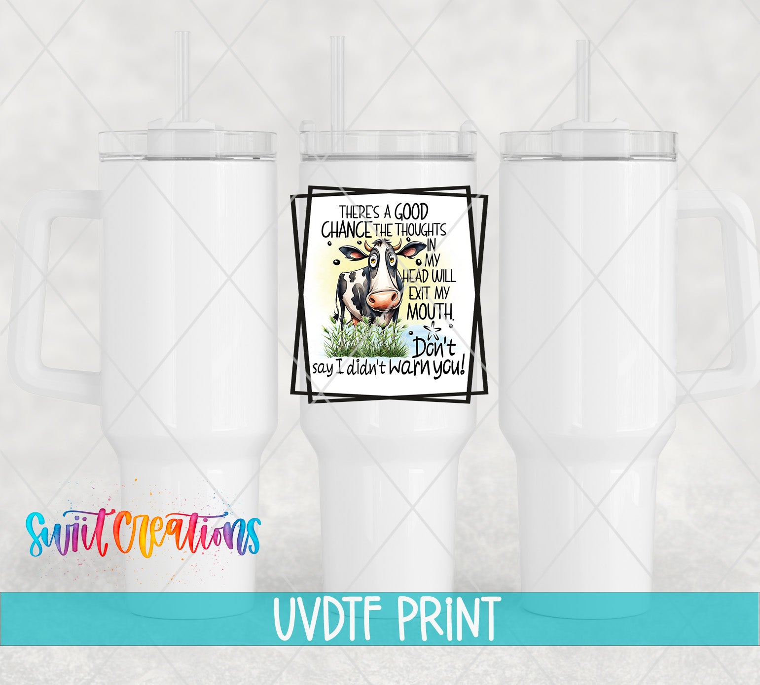 The image is a collage of three white tumblers with a printed message on one of them. The message reads "There's a good chance the thoughts in my head will be so loud I'll eat my mouth! Don't say I didn't warn you!" The tumbler with the printed message is positioned in the center of the image, while the other two tumblers are placed on either side of it.