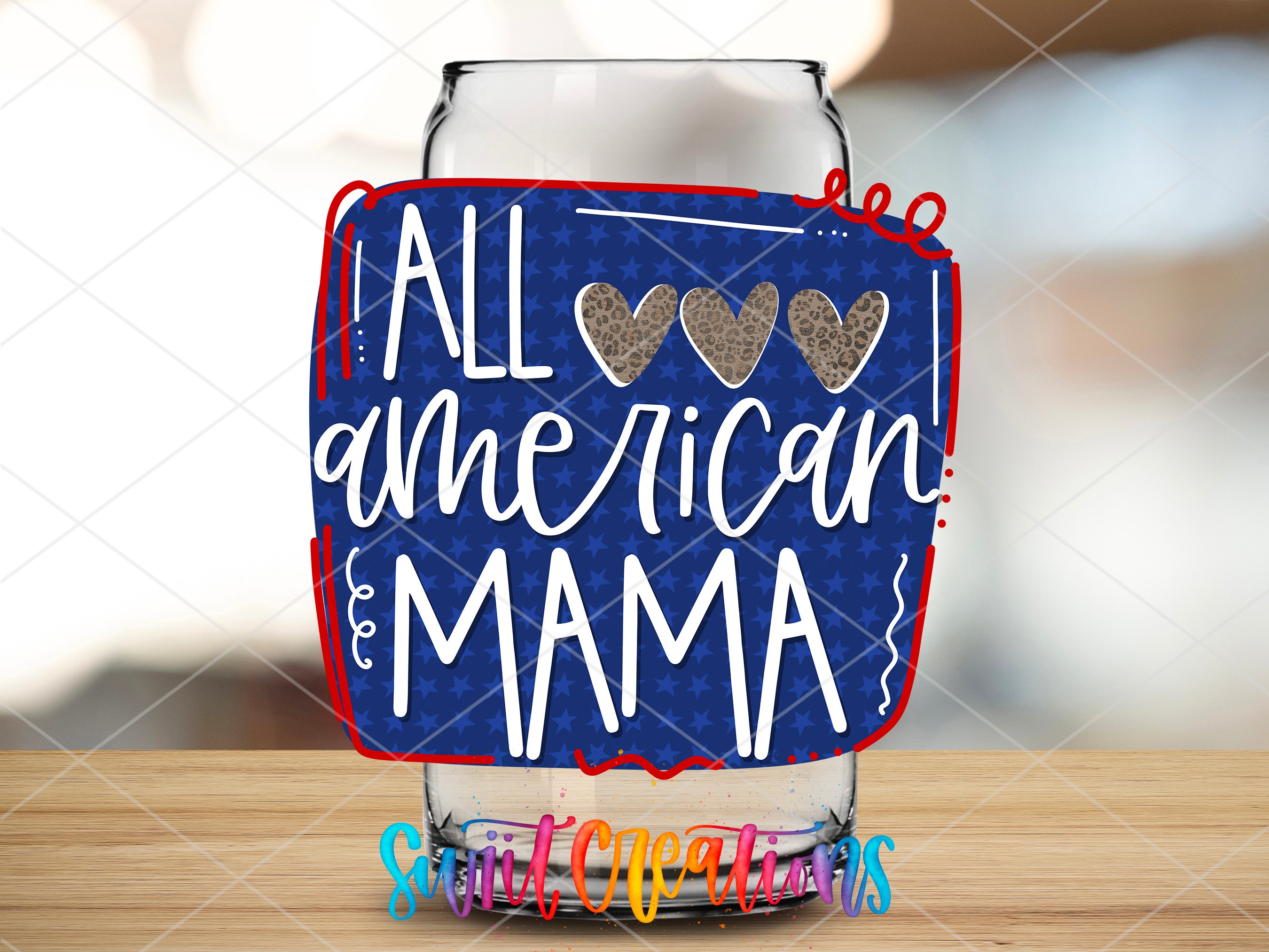 a glass with the words all american and mama on it