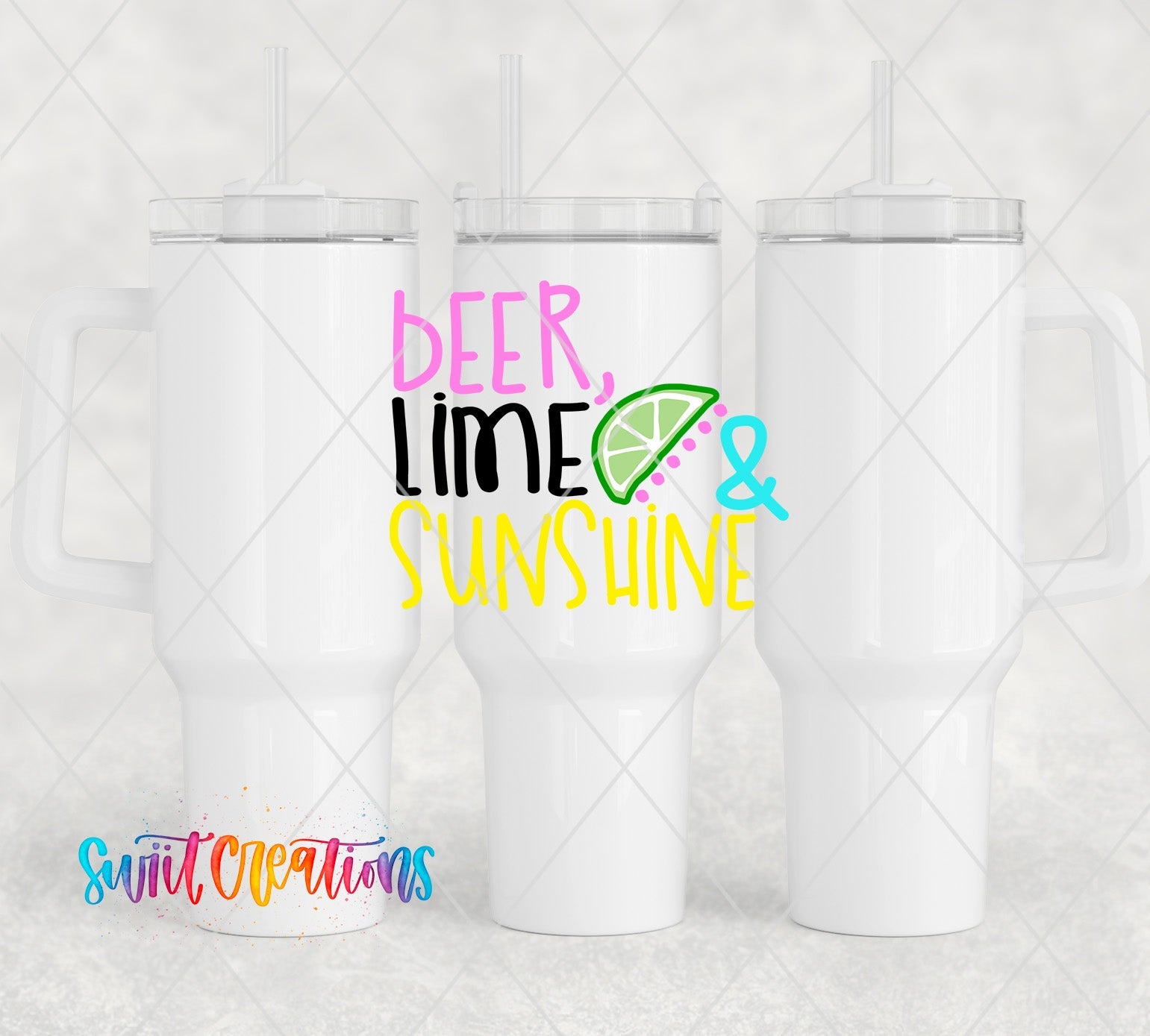 two white tumblers with the words beer, lime, and sunshine on them
