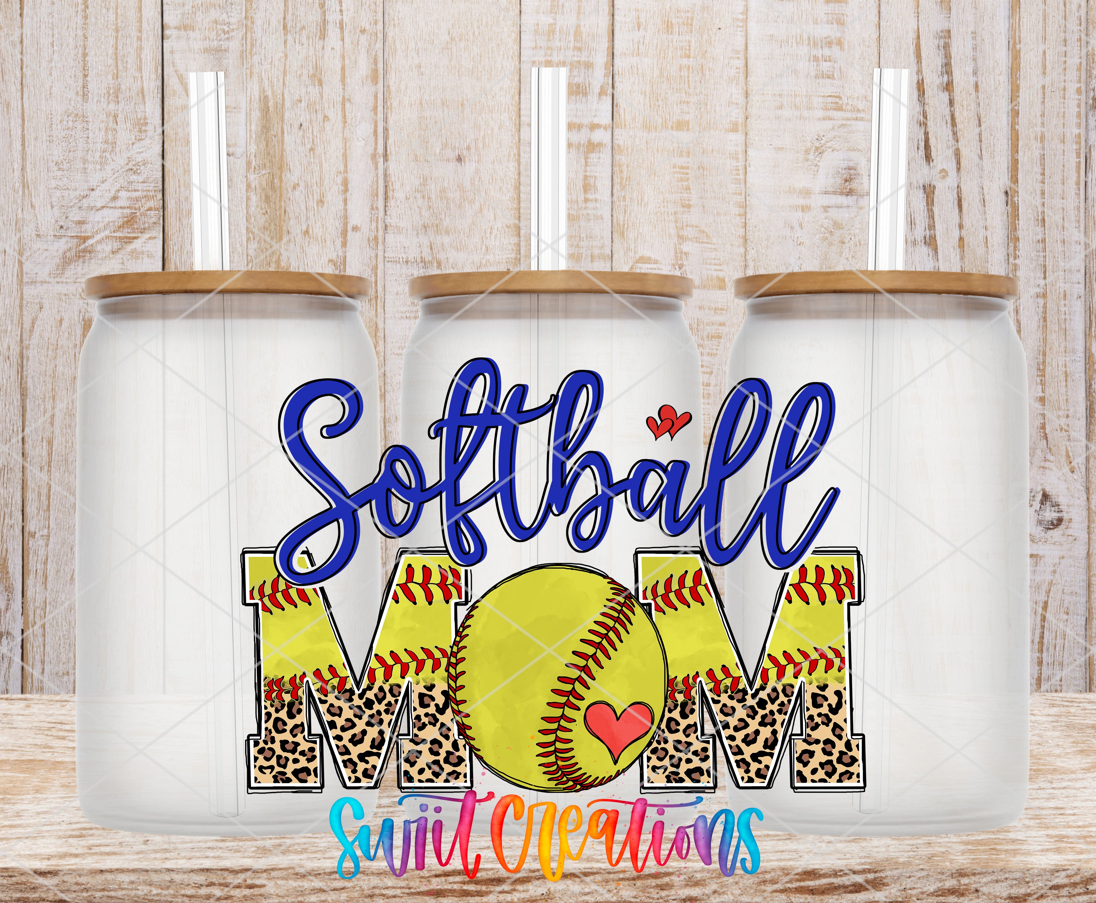 three glass tumblers with a design that says "Softball Mom" in a stylized font, along with a leopard print pattern and a heart symbol.