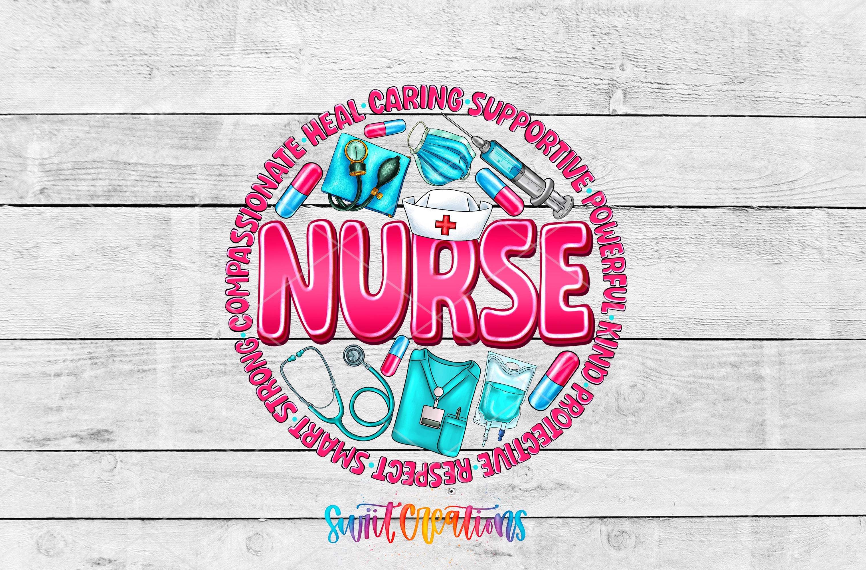 the word nurse surrounded by various medical items