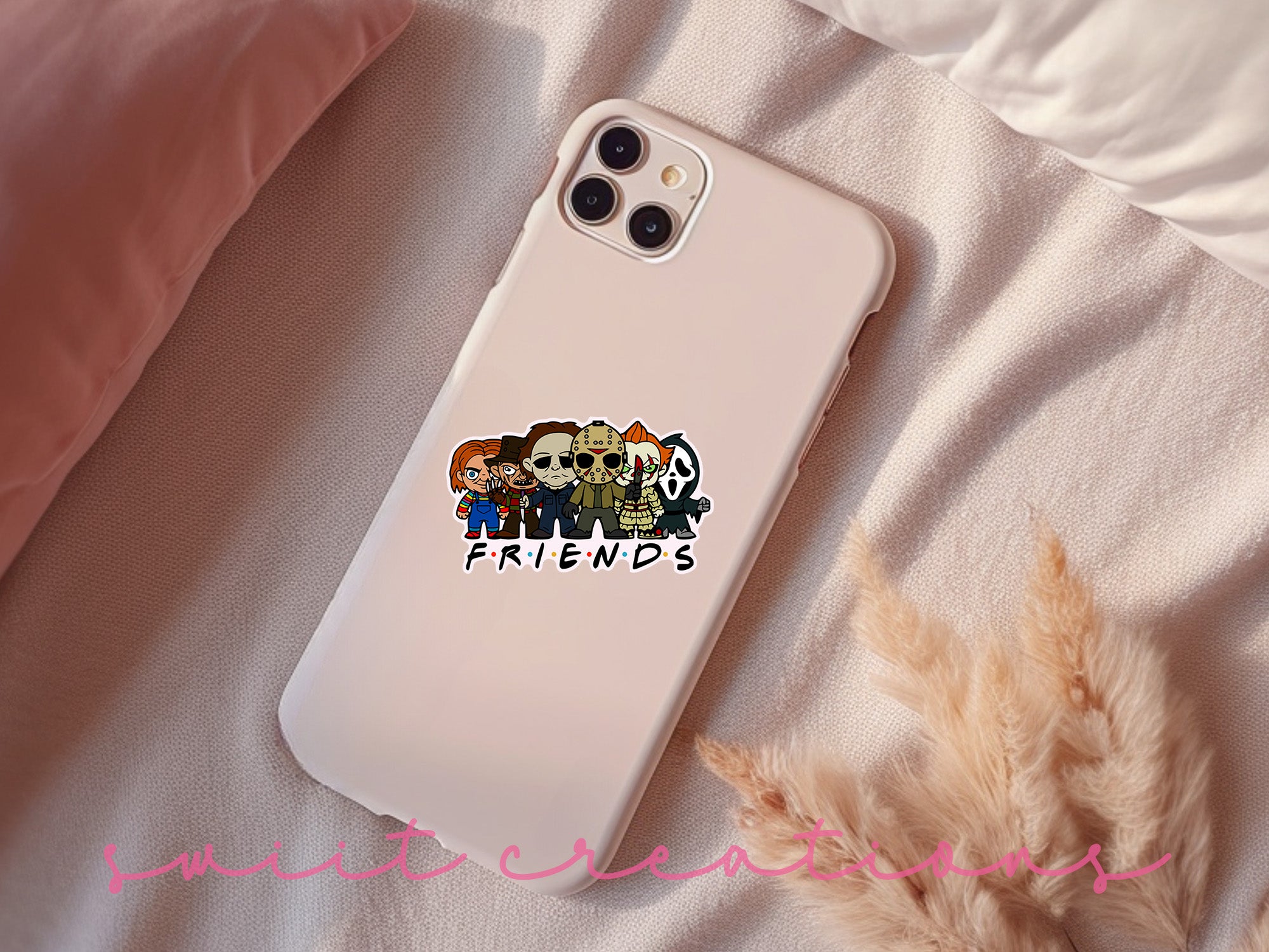 a phone case with a picture of a group of friends on it