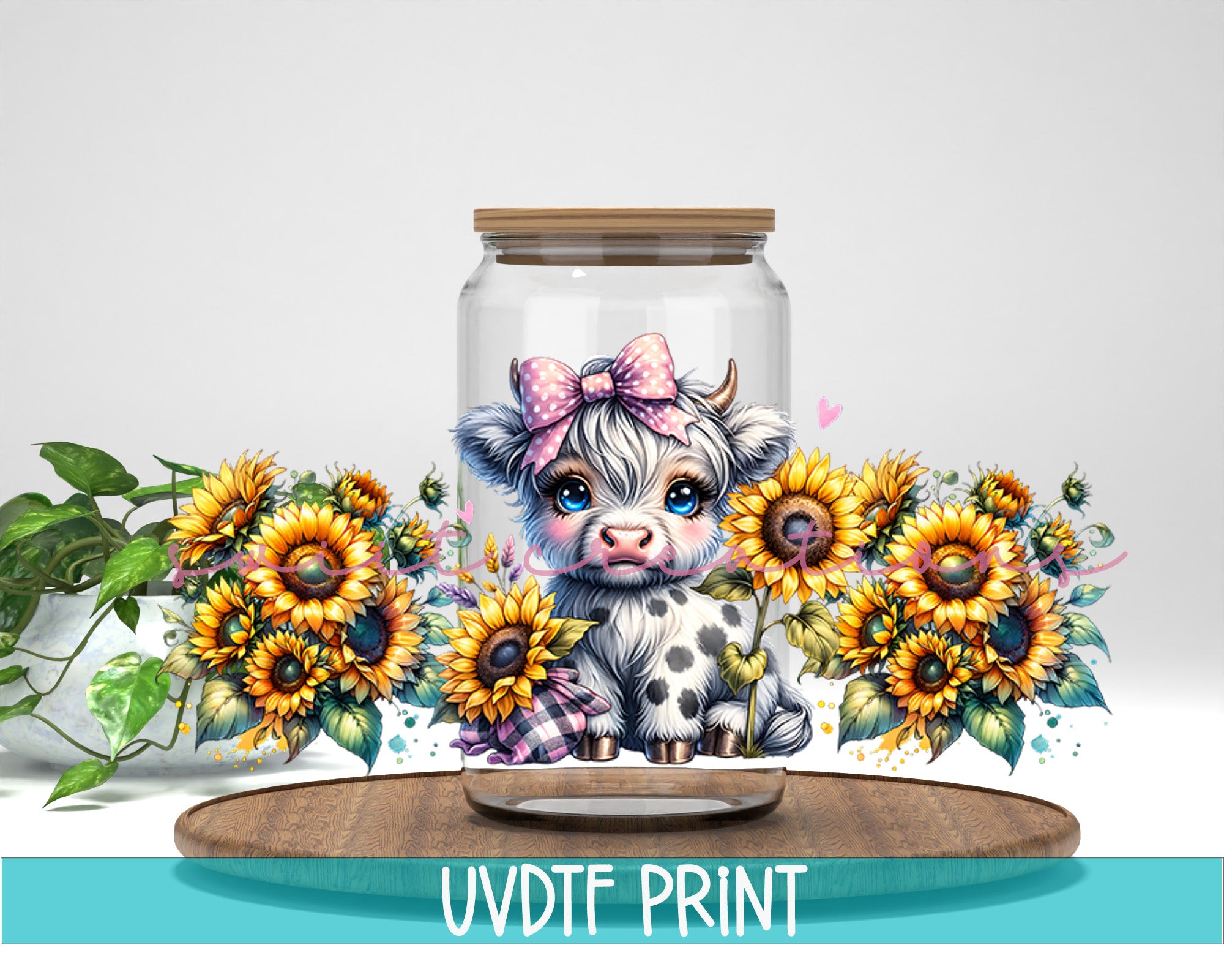 a painting of a cow in a jar with sunflowers