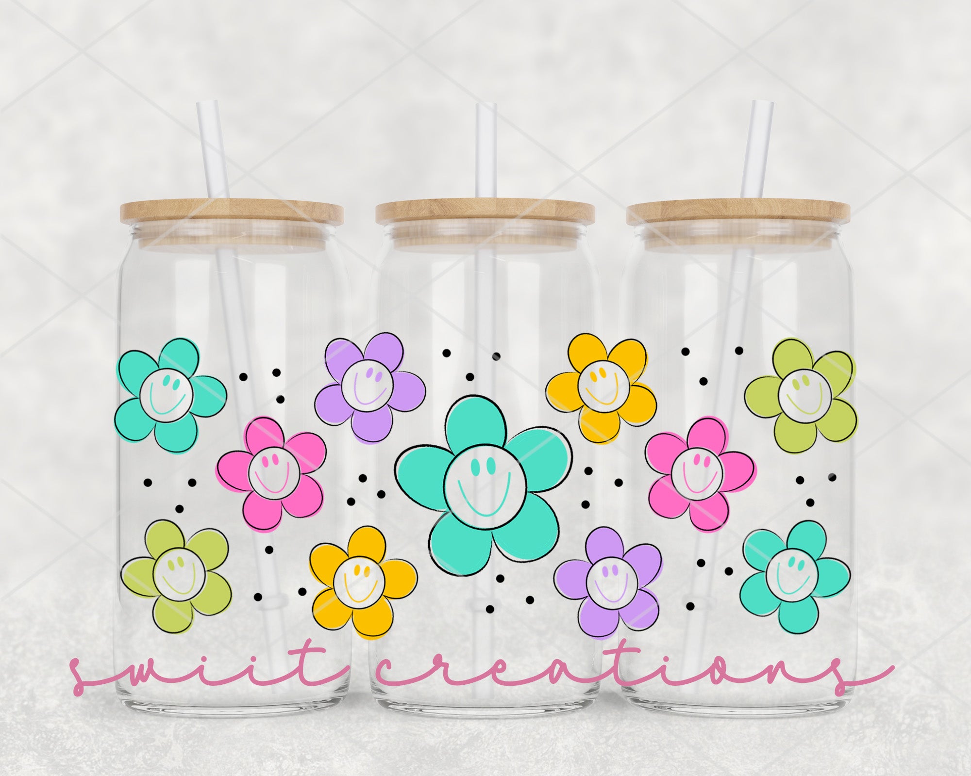 three colorful flowers on a white background with a wooden lid