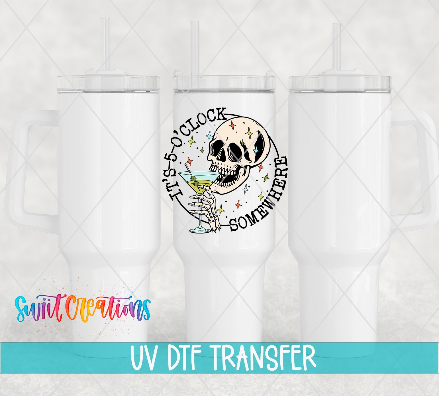 three white tumblers with a skull and starry background design.