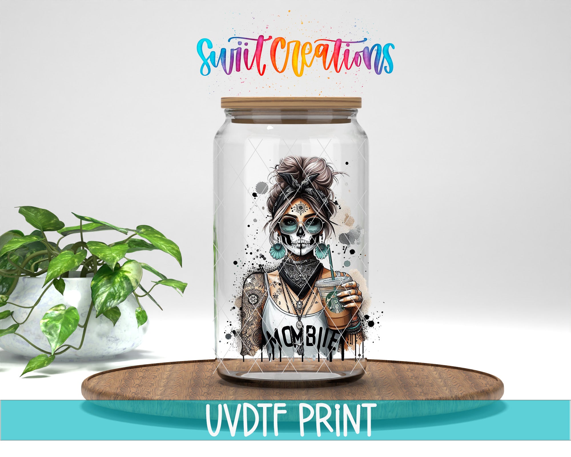 a glass jar with a colorful illustration of a woman with a skull design, surrounded by various text elements.