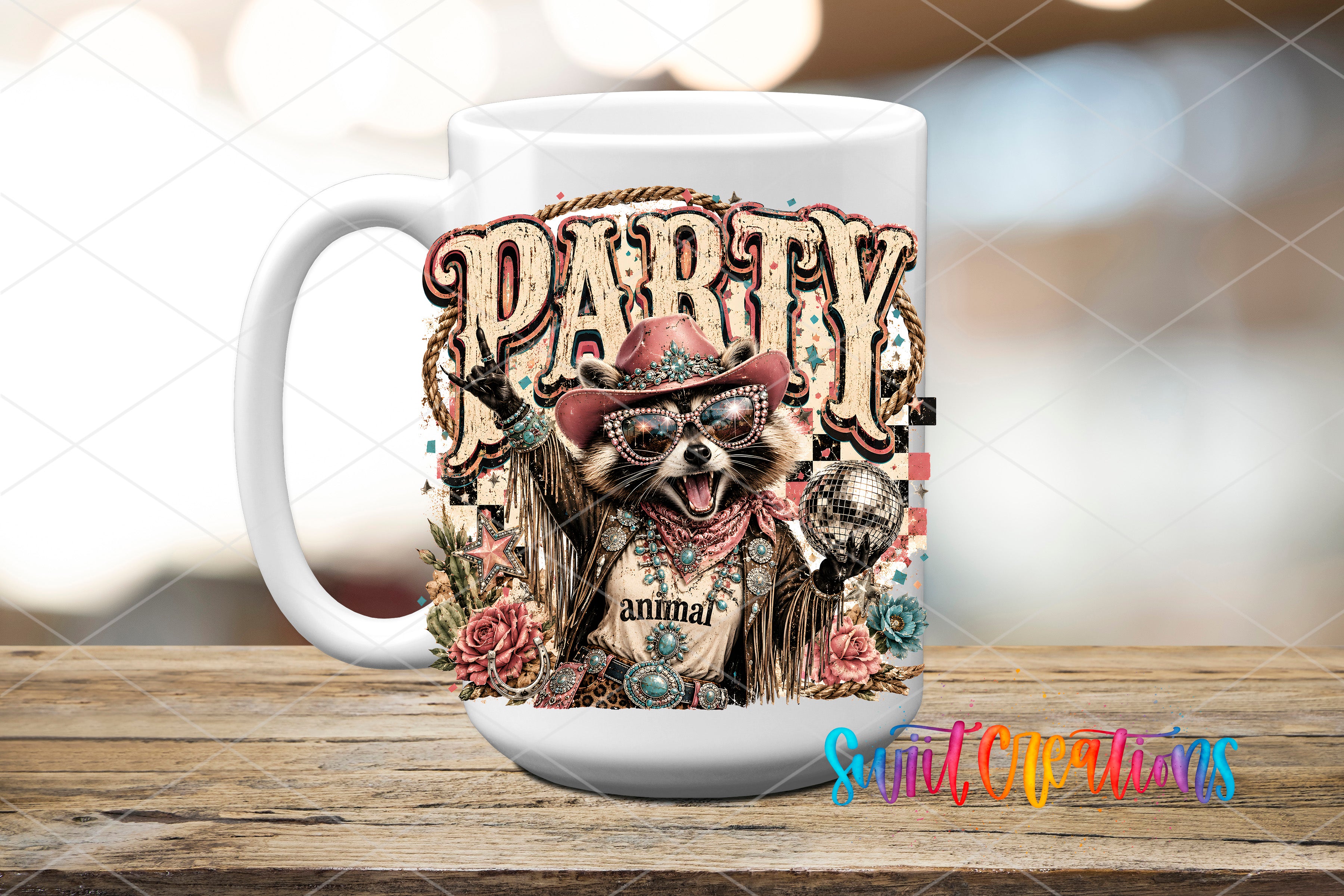 A mug with a colorful and whimsical design featuring a raccoon wearing sunglasses and a hat, surrounded by various decorative elements such as flowers and a checkerboard pattern.