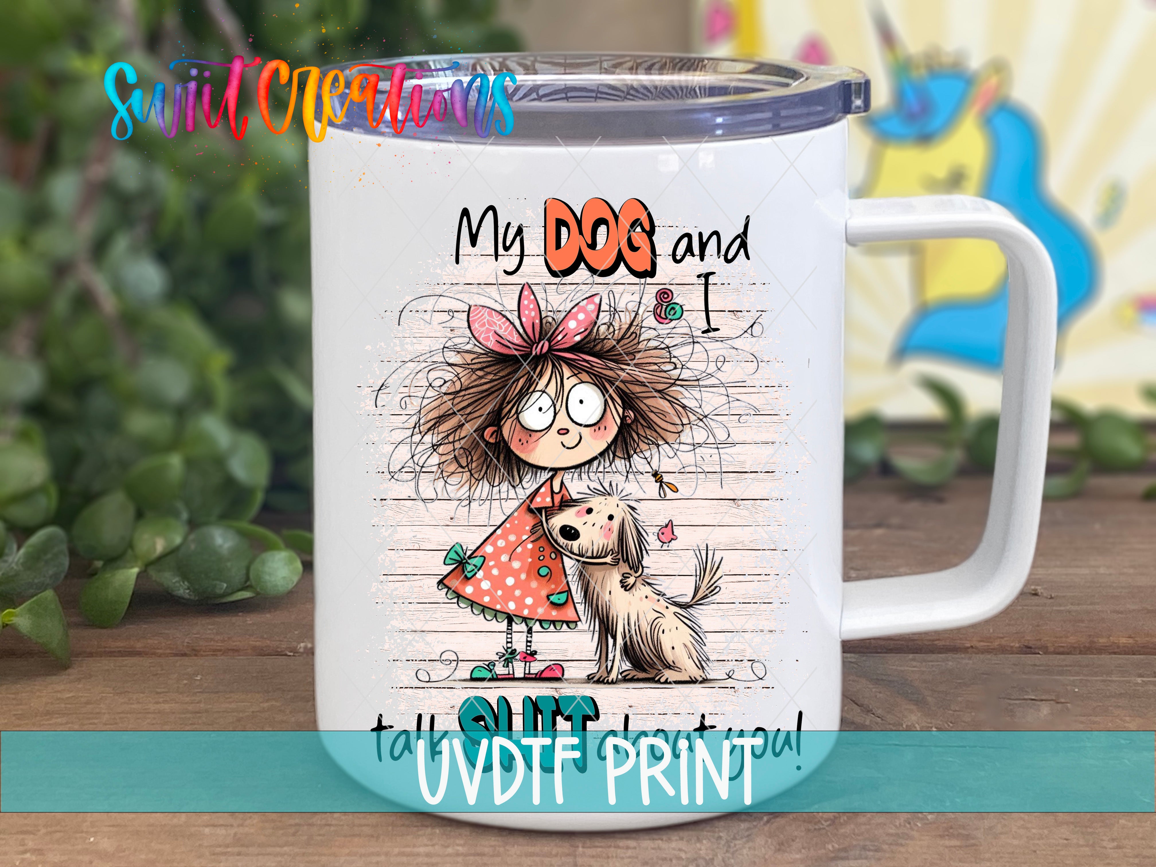 a white coffee mug with a girl and a dog on it