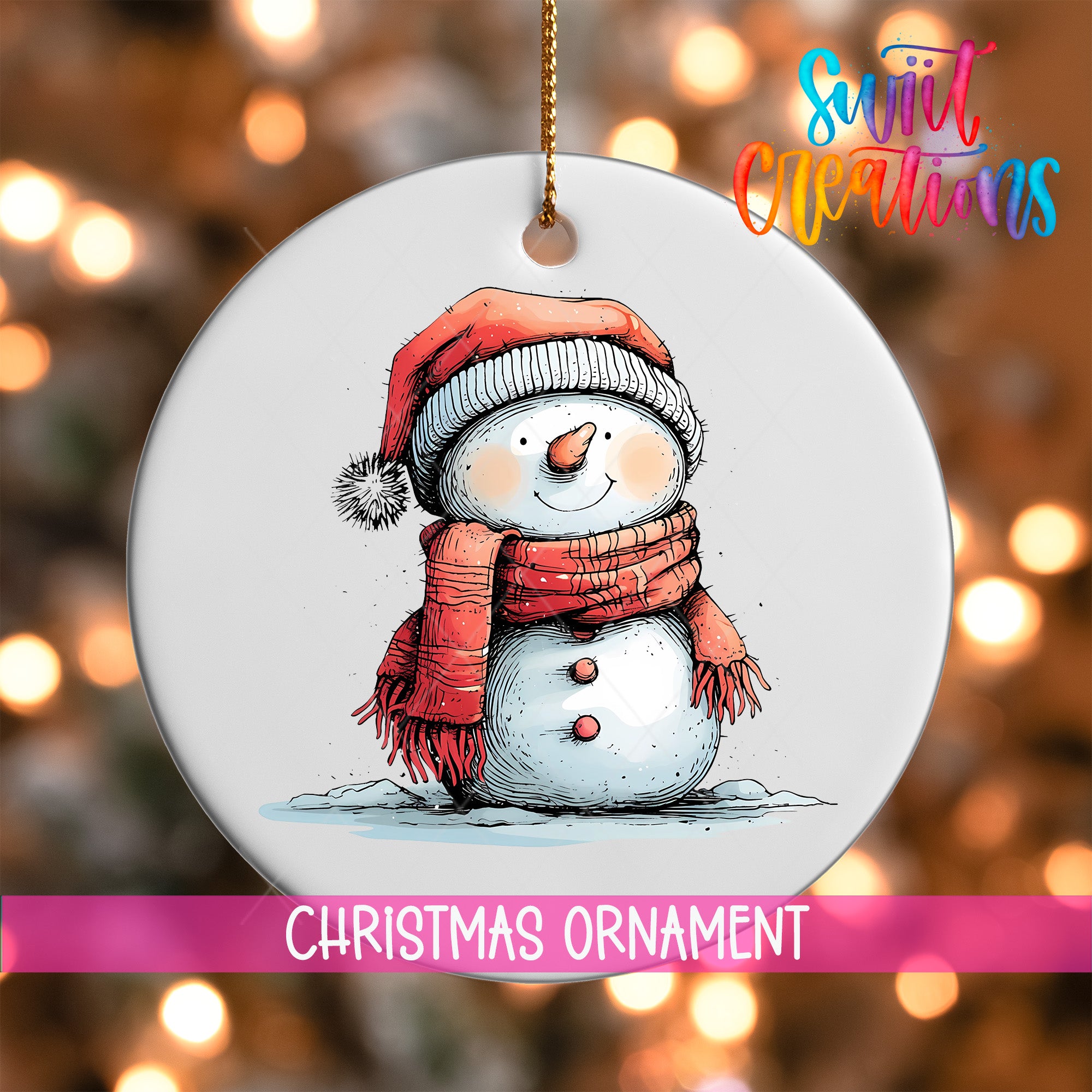 A snowman ornament with a red scarf and hat, standing on a snowy surface, is the central focus of the image.