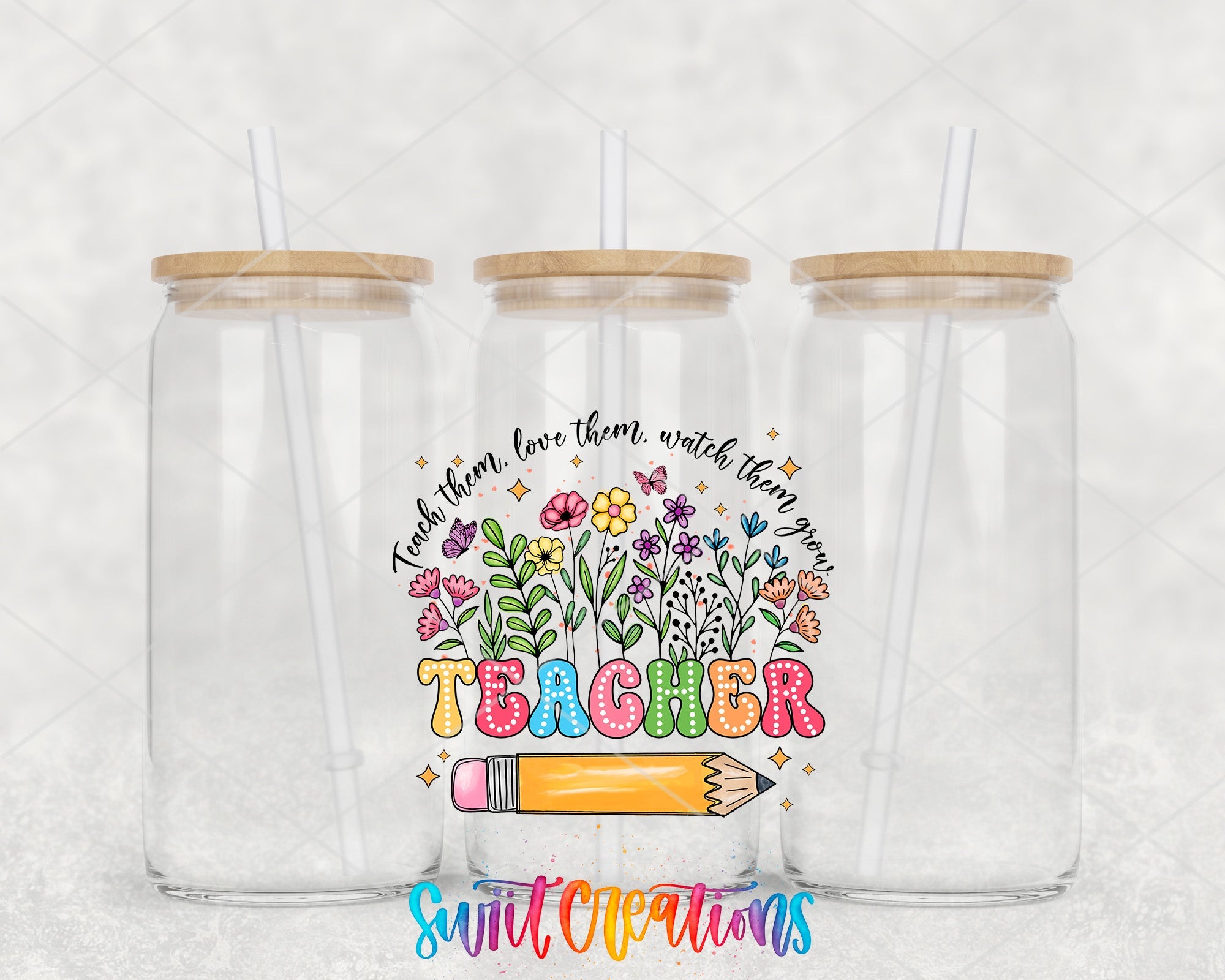 two clear tumblers with the words teacher written on them