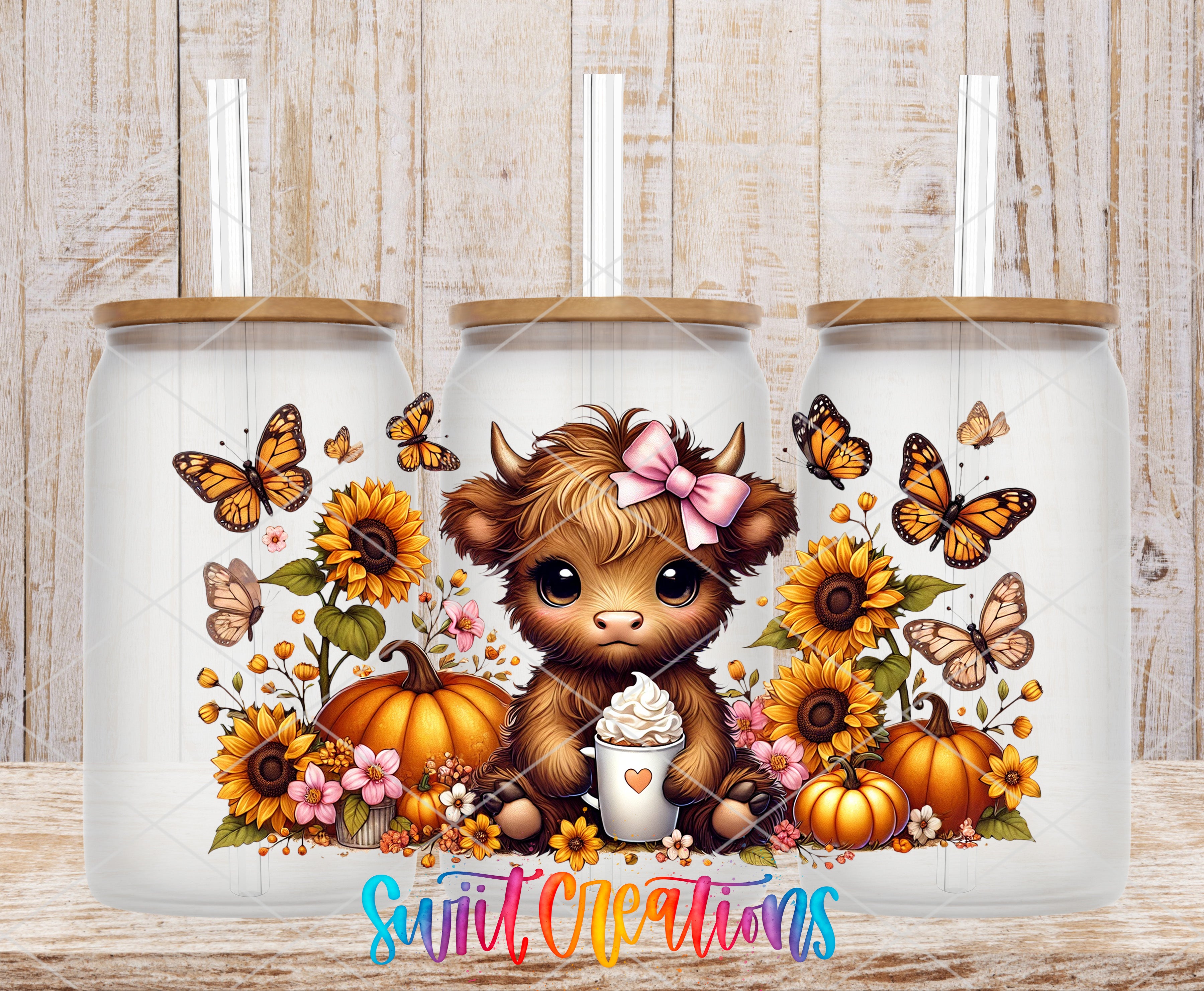A whimsical illustration of a cow with a bow on its head, surrounded by autumnal elements such as pumpkins, sunflowers, and butterflies, all set against a wooden background.