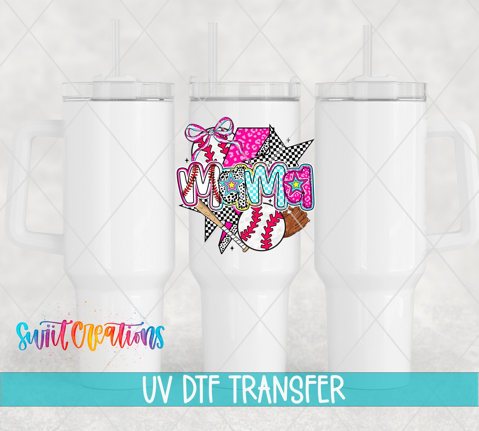 three white tumblers with colorful designs and text printed on them.