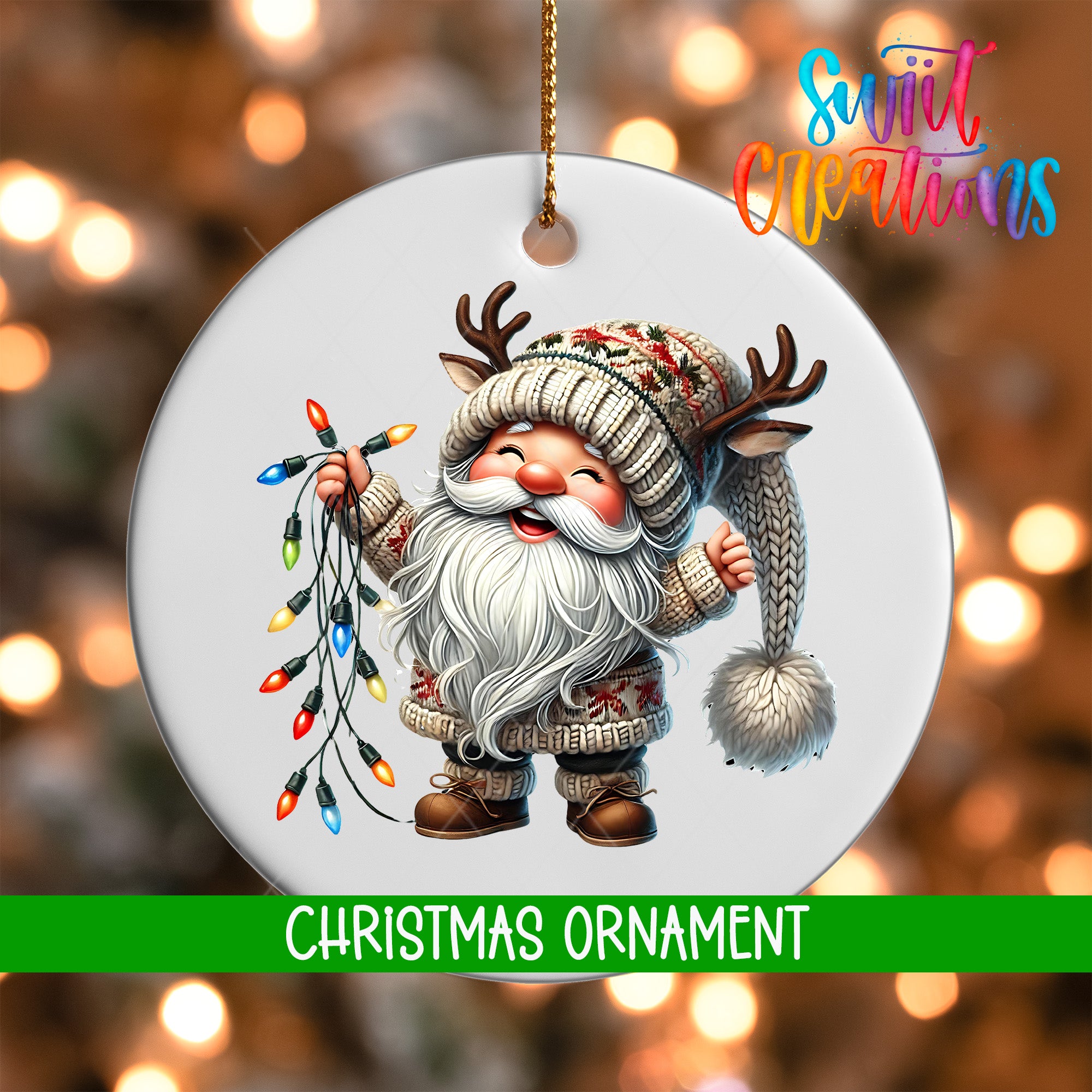 A white Christmas ornament featuring a smiling gnome holding a string of colorful Christmas lights.