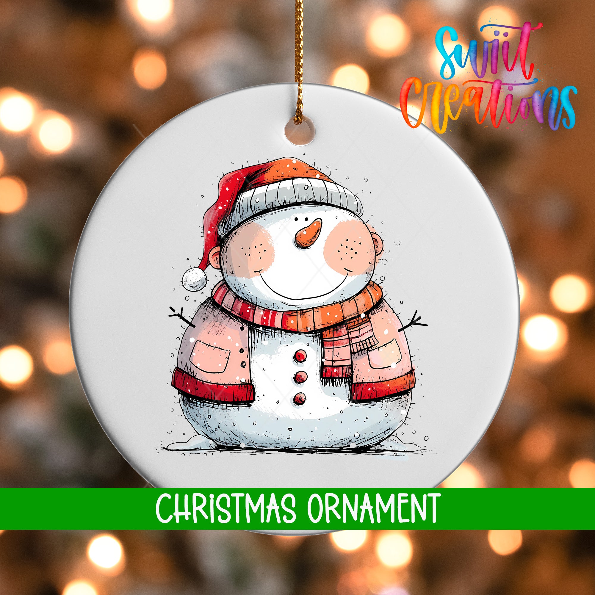 A white Christmas ornament featuring a smiling snowman wearing a red hat and scarf.